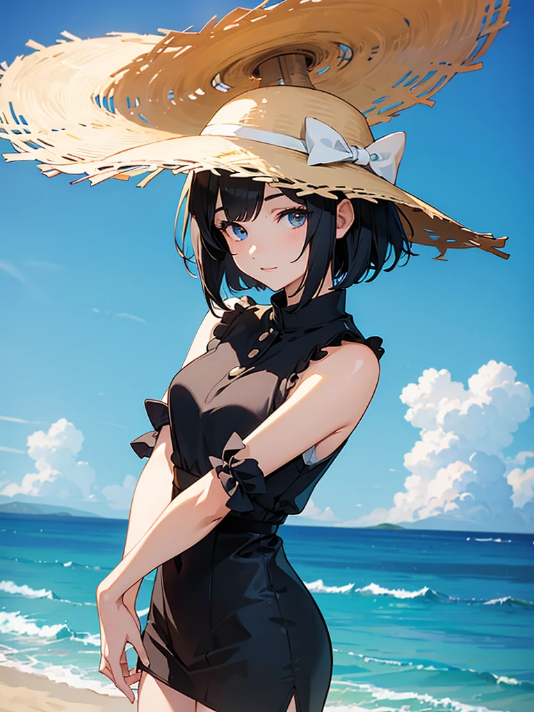 masterpiece, high-quality, a young woman, Anime illustration style, wearing black sleeveless, short bob Hair, holding hat behind head with both hands, sunny summer day with the blue sea