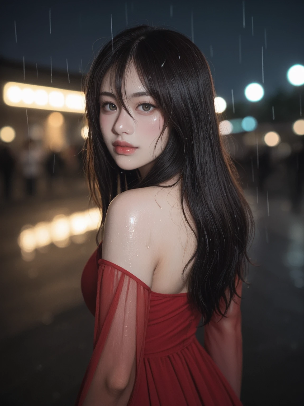 realistic,score_9, score_8_up, score_7_up, BREAK,
1girl,solo,long hair,Rough skin,from back,face focus,(looking at viewer:1.2),wet hair,dark,polaroid,(depth_of_field:1.5),rainy days,outdoors,street,hair between eyes,moody lighting,Tyndall effect,Cinematic Lighting,night,lamppost,lens flare,available light,rim light,glowing neon lights,curvy,Red silk dress,korea girl,