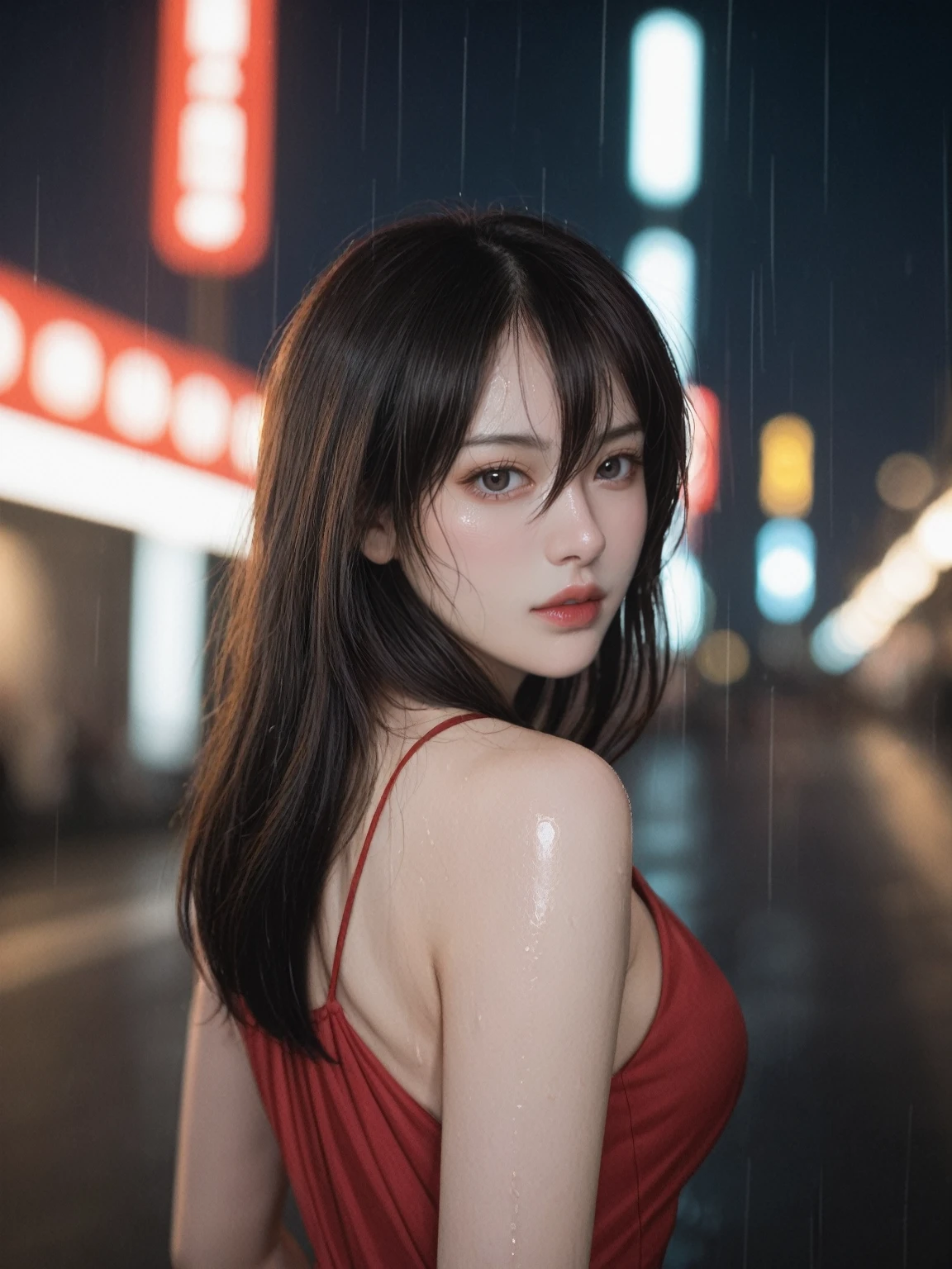 realistic,score_9, score_8_up, score_7_up, BREAK,
 1girl,solo,long hair,Rough skin,from back,face focus,(looking at viewer:1.2),wet hair,dark,polaroid,(depth_of_field:1.5),rainy days,outdoors,street,hair between eyes,moody lighting,Tyndall effect,Cinematic Lighting,night,lamppost,lens flare,available light,rim light,glowing neon lights,curvy,Red silk dress,korea girl,