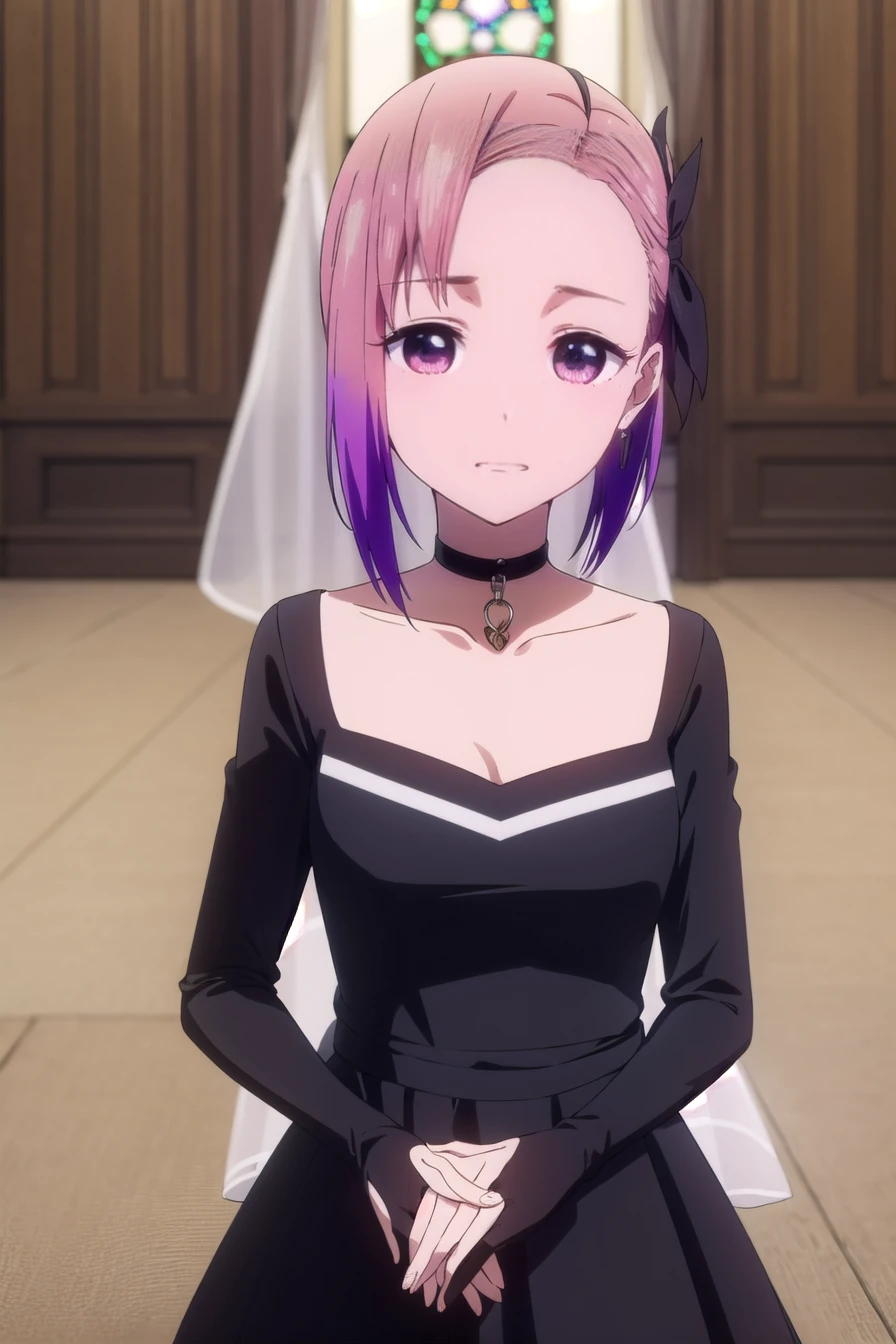 tsubamekoyasu, tsubame koyasu, short hair, hair ribbon, pink hair, purple hair, multicolored hair, (pink eyes:1.3), gradient hair, (forehead:1.2), smile,bridal veil, wedding veil, 
BREAK long sleeves, wedding dress, frills, garterbelt, collarbone, (black dress:1.2), church 
BREAK indoors,,
BREAK looking at viewer, (cowboy shot:1.5),
BREAK (masterpiece:1.2), best quality, high resolution, unity 8k wallpaper, (illustration:0.8), (beautiful detailed eyes:1.6), extremely detailed face, perfect lighting, extremely detailed CG, (perfect hands, perfect anatomy),Wearing a dog collar, Naughty tattoo on the belly 