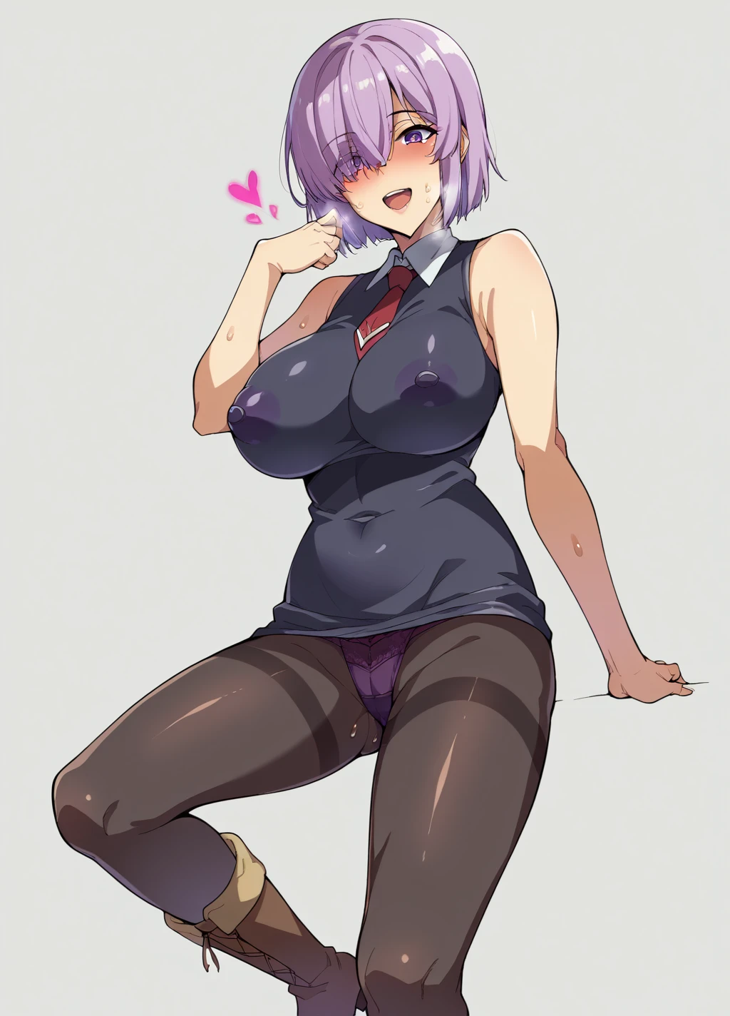Ultra-detailed illustrations、Ultra-precise expression、masterpiece、Highest quality、ultra High resolution、High resolution、Hiromitsu Takeda Style、White background、Simple Background、One girl、solo、Mash Kyrielight、light purple hair,short hair,hair over one eyes、Black sleeveless dress, White collar、Red tie、Black Pantyhose、Purple panties、Brown boots、Purple eyes、Vulgar expression、smile、Open your mouth、blush、Large Breasts、Big Breasts、Erect nipples、Choker of Hearts、White Breath、Sweat、Glowing Skin、shiny skin、Front angle、View your viewers、