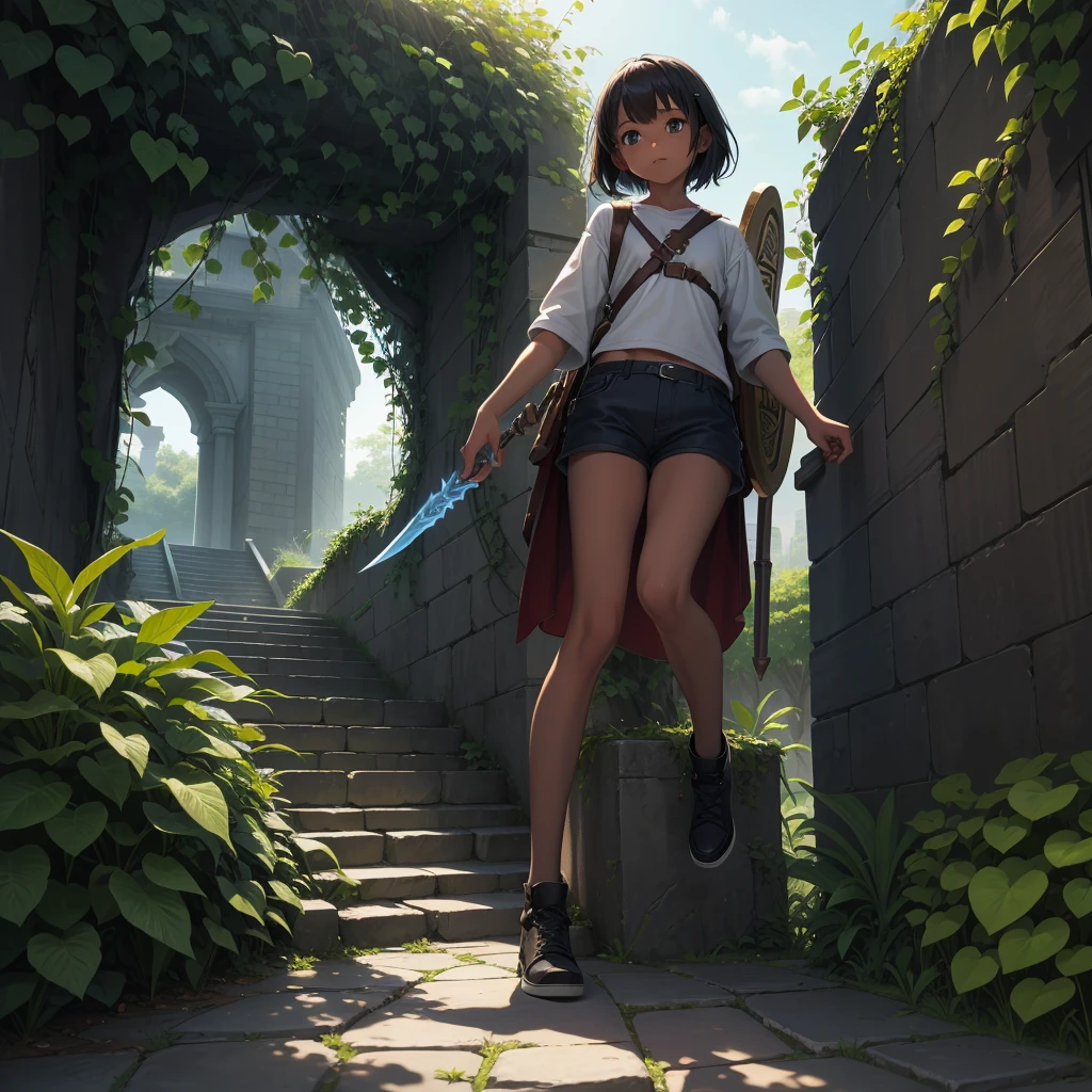 最high quality、high quality、Simple cloth clothing、10Year old girl adventurer、Climb the maze stairs、Shorts、Equipped with a dagger and a shield、In a dark maze