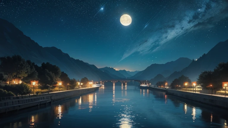 Painting of a river with stars and moon floating in the sky, Concept art inspired by Mitsuoki Tosa, pixiv Contest Winner, Highest quality, Fantasy art, Beautiful anime scene, Bright Moon, 月明かりとStarry Skyの環境, Dream painting, Anime Background Art, Fantasy Landscape Painting, Fantasy Night, Anime Background, Background artwork, Great art, Atmospheric anime, Starry Sky, Detail enhancements.