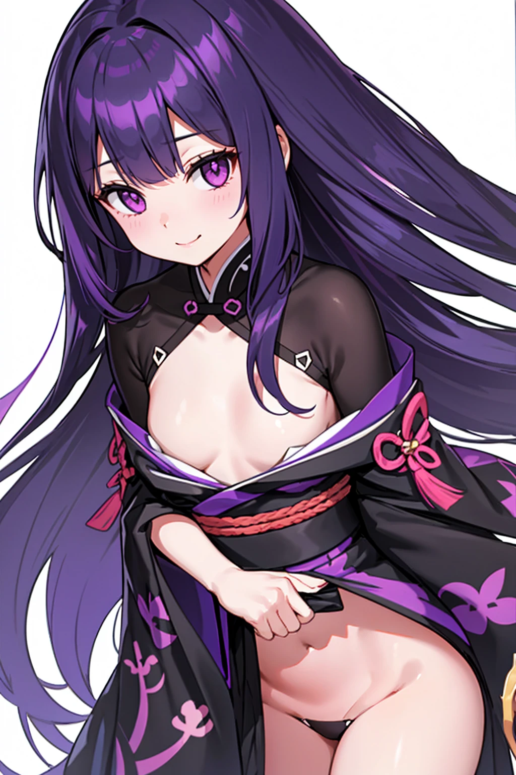 whole body,Standing posture, (Purple Hair,Long straight hair,Trimmed bangs) (Small breasts,,Symphogia style,), (Cute face:1.2) (kimono,Black clothes,slit,Exposed chest) Cold Smile,(White background)