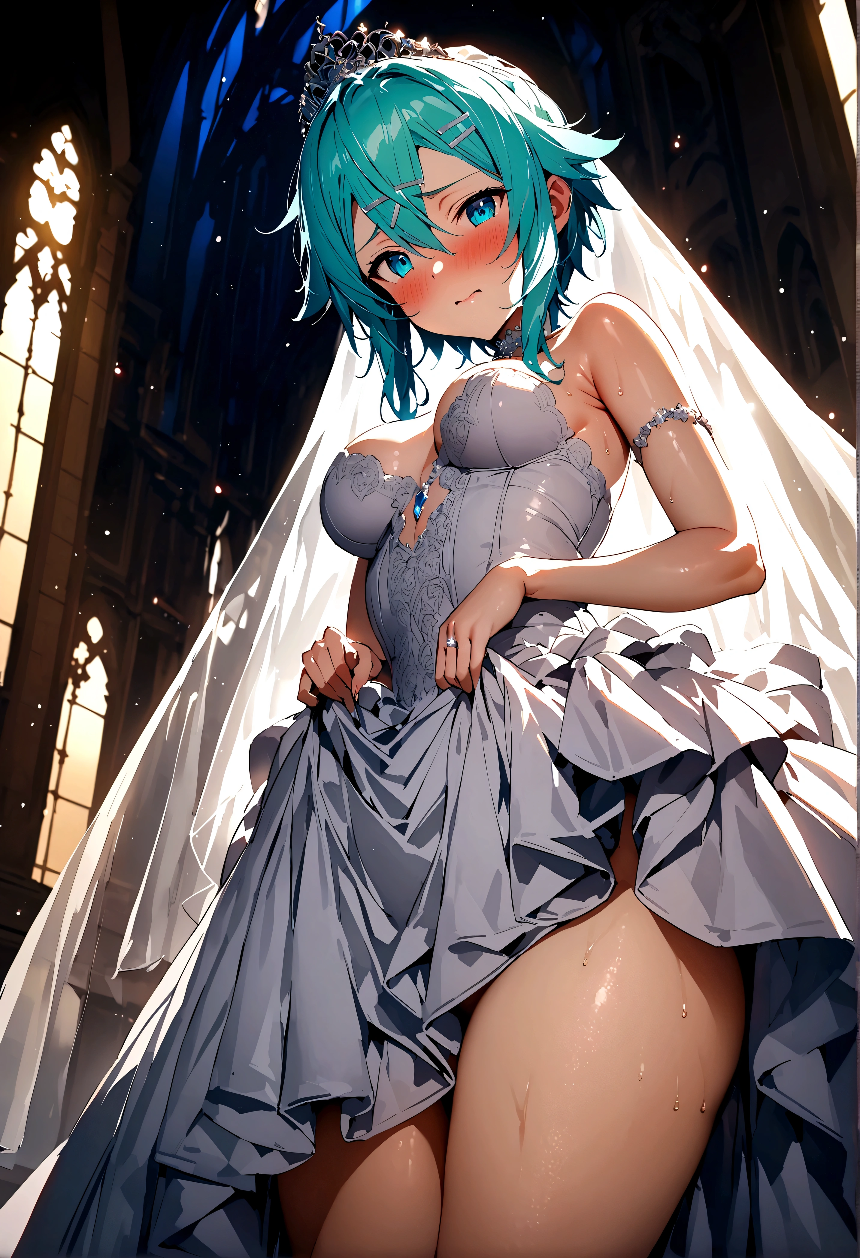 NSFW,masterpiece,Highest quality,High resolution,Super detailed,Sinon\(Sword Art Online\),(High quality sexy wedding dress),Wedding Veil,tiara,gem, hair ornaments, Hair Clip,wedding ring,Embarrassed,expectant face,(Lust),blush,Church at night in the moonlight,Luxurious Room,wedding,From below,Skirt Lift