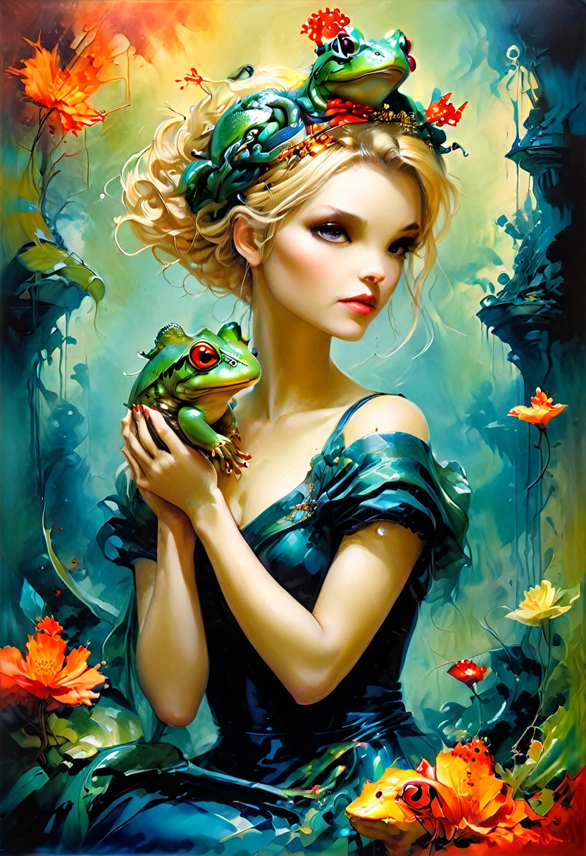 A hyperrealistic oil painting of a pretty princess with short blond hair and a little crown hugging the head of her giant frog pet, in a colorful style of James Jean. A full body portrait in a wide angle shot with soft light, highly detailed work 