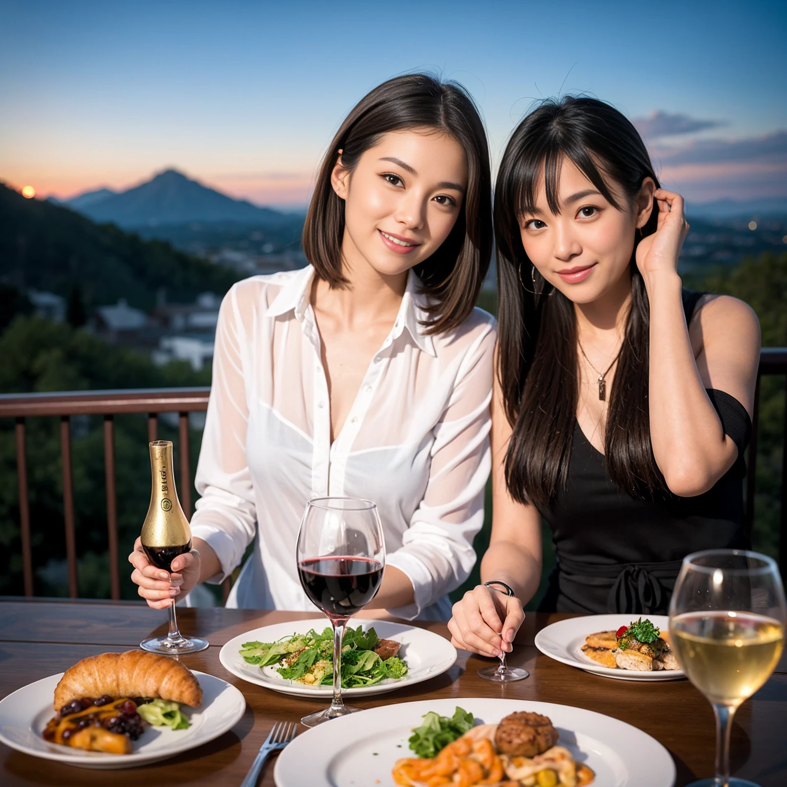 ((Highest quality、、masterpiece:1.3))、1 male、1 female、spouse、Beautiful couple、Japanese couple、smile、 (Slim face), (the body is スリム), (Brown Hair), (Shortcuts), ((Bob Hale、Straight hair:1.2)), テーブルの上のwine glass、Please shine a light on my face、 Amazing view of the sunset sky and clouds、Amazing mountain views、smileの美しさ、Bright imYear、Blushing, Shortcuts,Bright Face、 Year), 39 Year, red wine 、Appetizers、Italian food、Wine bottle、Champagne、sparkling wine、Long sleeve shirt、dress、Attractive beauty、restaurant, Nova Frog Style, actress, model, Upper Body, White wine, red wine, wine glass,