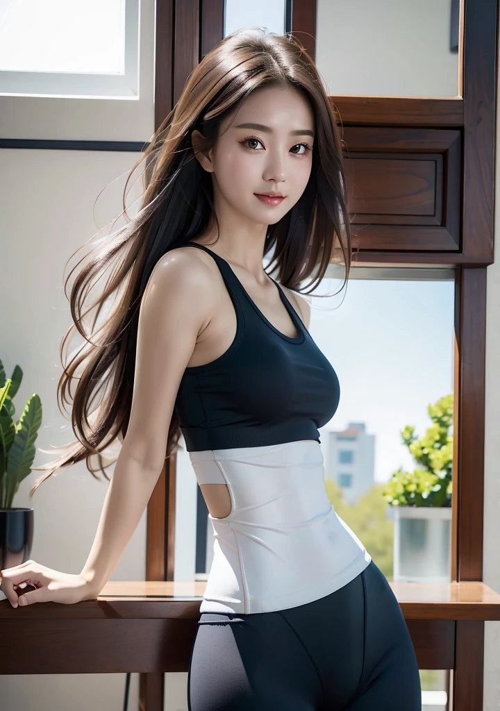 (masterpiece, best quality，High resolution, Super Detail：1.2), 1 Girl, Solitary,Wear a tight vest。Yoga Pants，Shining eyes，Seductive eyes，Beautiful posture，Charming smile，Natural and soft light