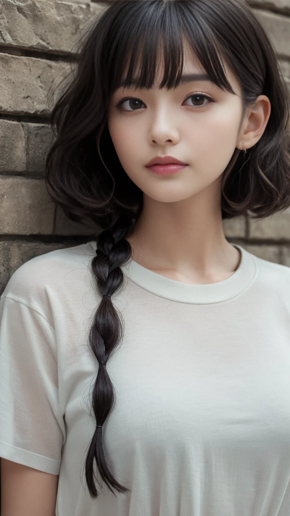 (Highest quality, Very detailed, masterpiece:1.2), 1 women, Very thin body, length, Thin legs, ((Black wavy short hair:1.2)), ((Thick and fluffy bangs)), Very detailedな顔,A faint smile, small, Thin Nose, small thin mouth, Extremely sharply focused eyes, Japanese, Beautiful Face, Realistic eyes, Beautiful and beautiful eyes, Realistic Skin, Beautiful Skin, charm, (A vivid face), Beautiful Hairstyles,((Over Size Tシャツ)),脇を見せる,腕を上げる,Creepy and unique hairstyles,下からのアングル, High resolution, Vibrant color palette, Mysterious and mysterious stone wall, Amazing place,Characteristic dark shadows and strange details, background, Backwards