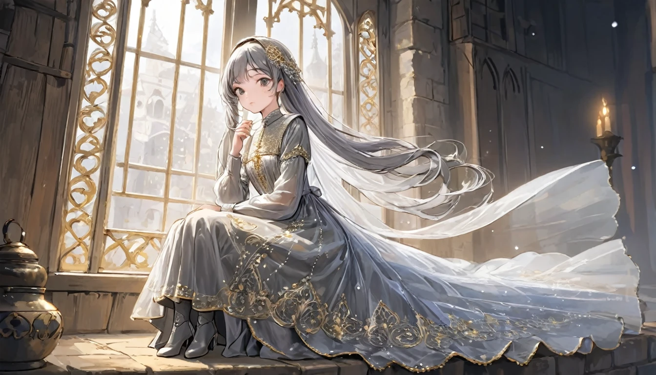 girl, Gold and silver embroidery, White-gray pearl medieval long dress（With panniers）, Translucent fabric, Pull up the dress by hand, Strong winds, Translucent slip, Grey translucent tights, Peeking from below, Highest quality, Disorder of clothing, sit