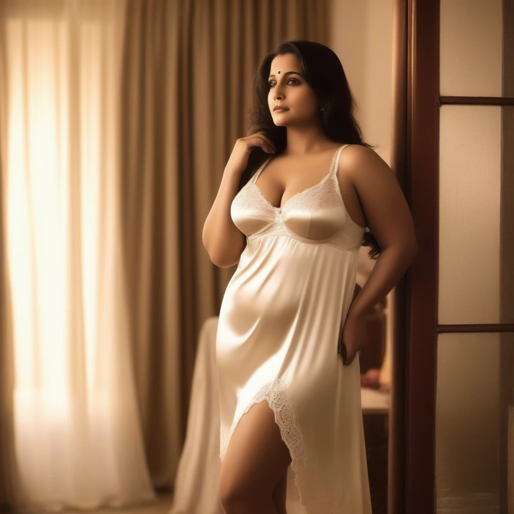 Vidya Balan A curvy exhibitionist lady in an ivory cream satin **** doll negligee with a flowing skirt and delicate lace trim. The negligee is complemented by a matching cami top and pantie set, creating a coordinated and sensual ensemble. She stands by an open window overlooking a moonlit garden, the satin fabric catching the soft moonlight. Her contemplative gaze and gentle smile evoke a sense of vulnerability and sensuality, inviting intimacy and connection.

Prompt 5: An amorous and curvy exhibitionist lady dressed in a luxurious sissy satin **** doll nighty negligee dress set in ivory cream. The negligee features intricate lace accents and a satin ribbon tie, accentuating her curves. She stands in a lavish dressing room with ornate mirrors and soft, romantic lighting, the satin fabric shimmering under the ambient glow. Her poised posture and alluring gaze convey a mix of innocence and seduction, creating a captivating scene of intimate desire.

These prompts aim to evoke imagery of a standing, sultry, curvy exhibitionist amorous lady in a variety of sensual and provocative scenarios, highlighting the elegance and allure of sissy satin lingerie cosplay.

This content may violate our usage policies.
Did we get it wrong? Please tell us by giving this response a thumbs down.





