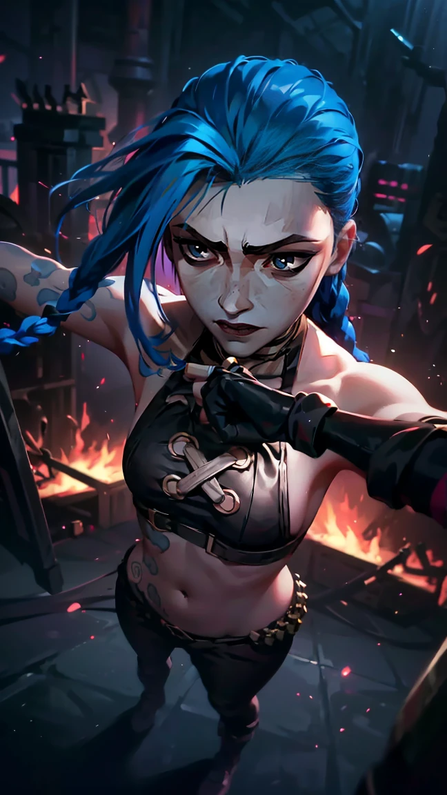 (masterpiece, Best quality), 1 girl, portrait, very sexy, crazy look, smile, crying, pink tears, tears on the cheeks, tears from eyes, full length (full body 1.1.), очень feminine, fighting stance, battle, fire, explosions, burning city, Beautiful waist, gloomy composition, flame, fire, Flash, very beautiful, feminine, long hair, hair braided in long braids, very sexy, tight leather pants, emphasis on the eyes, face accent, Beautiful face, Hands, Hair, Haired ponytail, red purple eyes, Джинкс crying, Blue cloud tattoo, (masterpiece, Best quality), Side lighting, beautiful detailed eyes, crazy face), (Best quality), (masterpiece), magic photography, Spectacular lighting, Photorealism, ultra detailed, интимная portraitная композиция, 1. 4,8 k UHD, aesthetic, Cd., A high resolution, 8 k, better lighting, Best shade, Ultra-HD, A high resolution, sharp focus, Complex background, Cinematic lighting, ((Landscape view)), 4K block, (better lighting), ((Cinematic lighting)),