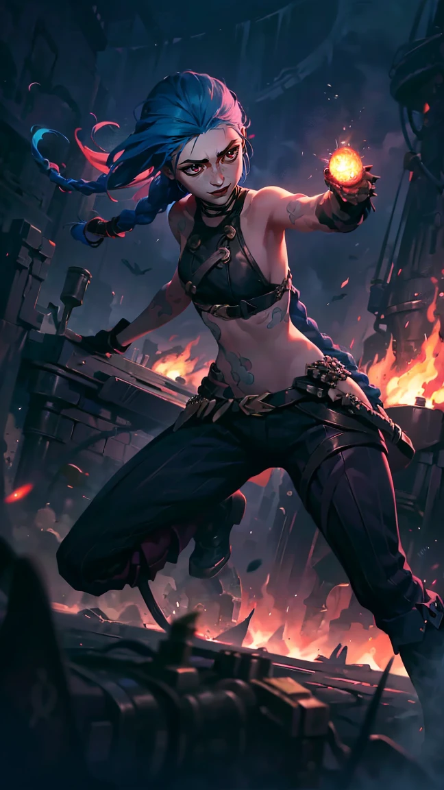 (masterpiece, Best quality), 1 girl, portrait, very sexy, crazy look, smile, crying, pink tears, tears on the cheeks, tears from eyes, full length (full body 1.1.), очень feminine, fighting stance, battle, fire, explosions, burning city, Beautiful waist, gloomy composition, flame, fire, Flash, very beautiful, feminine, long hair, hair braided in long braids, very sexy, tight leather pants, emphasis on the eyes, face accent, Beautiful face, Hands, Hair, Haired ponytail, red purple eyes, Джинкс crying, Blue cloud tattoo, (masterpiece, Best quality), Side lighting, beautiful detailed eyes, crazy face), (Best quality), (masterpiece), magic photography, Spectacular lighting, Photorealism, ultra detailed, интимная portraitная композиция, 1. 4,8 k UHD, aesthetic, Cd., A high resolution, 8 k, better lighting, Best shade, Ultra-HD, A high resolution, sharp focus, Complex background, Cinematic lighting, ((Landscape view)), 4K block, (better lighting), ((Cinematic lighting)),