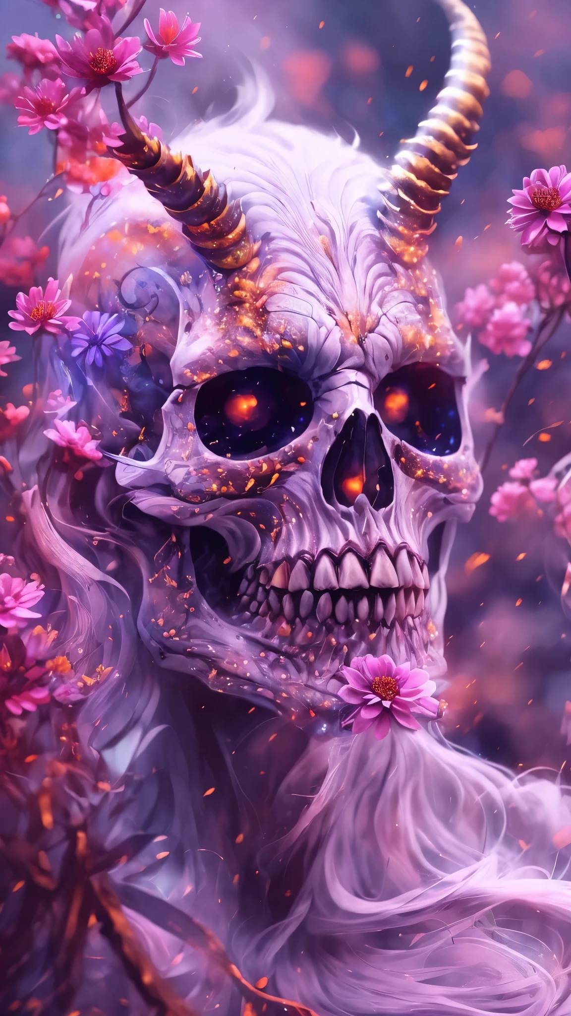 a completely white demonic creature, plains of multicolored flowers, luminous flowers, flowers growing on skin, monstrous man, large multicolored eyes, bald head, skull covered in small horns, (best quality,4k,8k,highres,masterpiece:1.2),ultra-detailed,(realistic,photorealistic,photo-realistic:1.37),HDR,UHD,studio lighting,ultra-fine painting,sharp focus,physically-based rendering,extreme detail description,professional,vivid colors,bokeh,dynamic point of view,cinematic scene,highlighted character,backlighting effects,mystical character,multicolored cracks on skin,full body character view