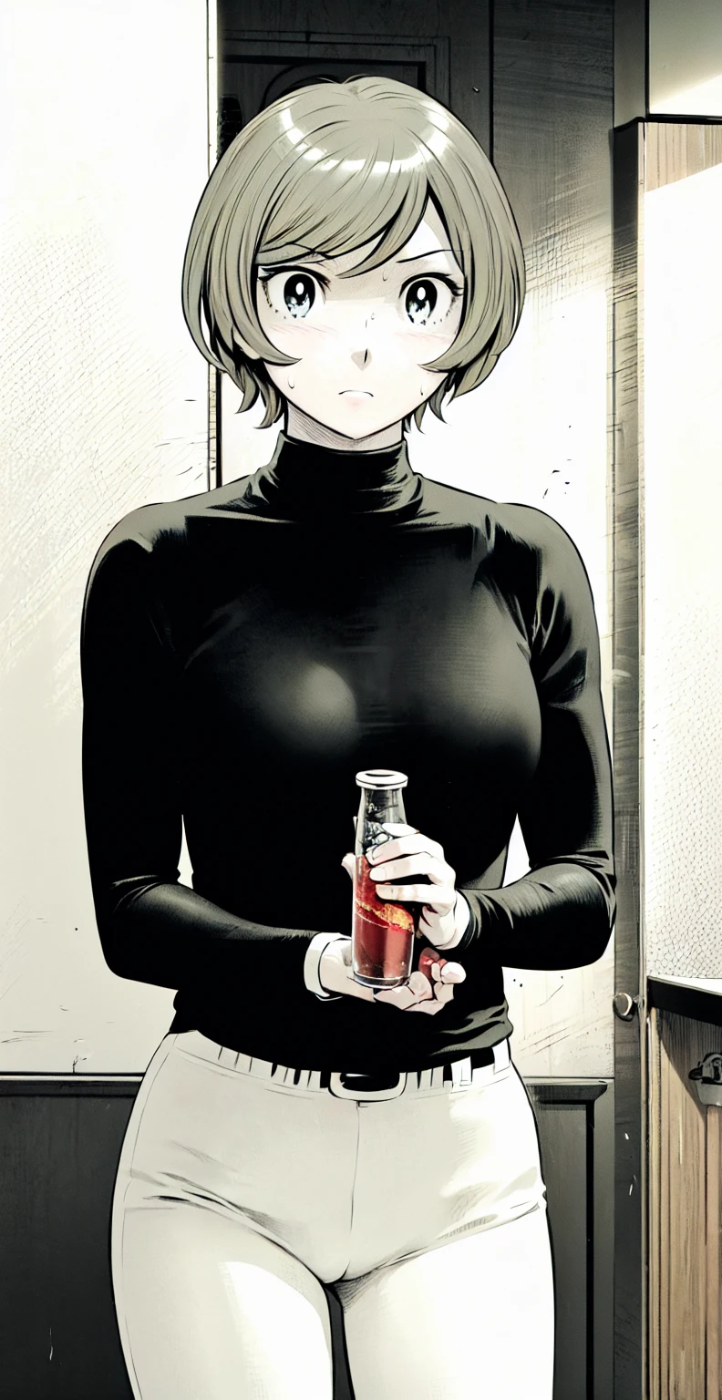 (野球uniform:1.2),
Blonde Hair, (short hair:1.2),Long sleeve, Black Shirt, turtleneck,White trousers、uniform、Black belt、((Illustration of people))、Big 、
View Audience,, (Highest quality:1.3),One Girl, White pants、uniform、indoor、baseball 、White wall、blue eyes、Tight black shirt、(masterpiece、Highest quality)、Highest quality, Ultra-high resolution, (((masterpiece))), alone, Sweat、Big eyes、Big Breasts、One Girl, Front view、Embarrassed face、Bronze colored hair、((short hair))、Stand up straight、Cowboy Shot