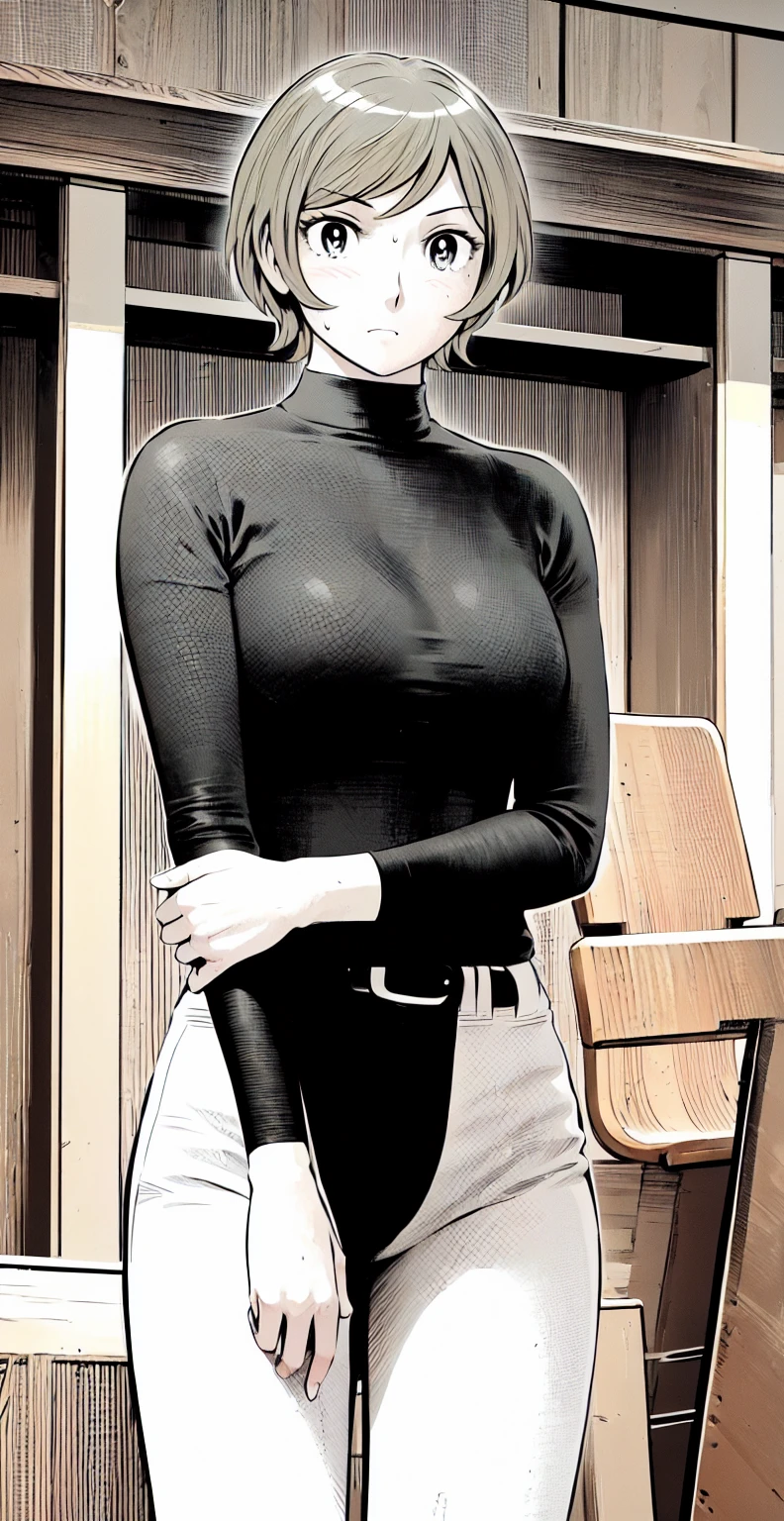 (野球uniform:1.2),
Blonde Hair, (short hair:1.2),Long sleeve, Black Shirt, turtleneck,White trousers、uniform、Black belt、((Illustration of people))、Big 、
View Audience,, (Highest quality:1.3),One Girl, White pants、uniform、indoor、baseball 、White wall、blue eyes、Tight black shirt、(masterpiece、Highest quality)、Highest quality, Ultra-high resolution, (((masterpiece))), alone, Sweat、Big eyes、Big Breasts、One Girl, Front view、Embarrassed face、Bronze colored hair、((short hair))、Stand up straight、Cowboy Shot