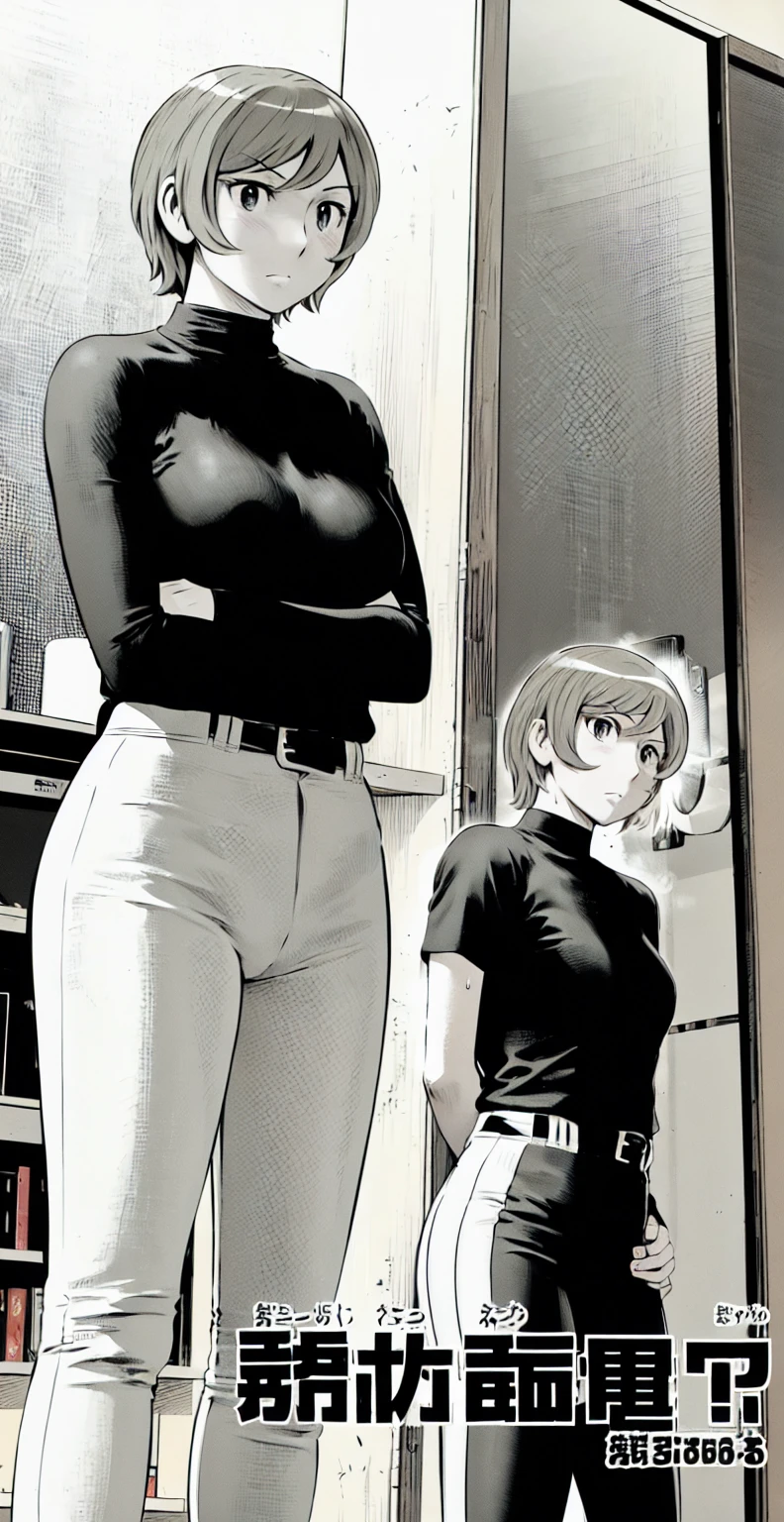 (野球uniform:1.2),
Blonde Hair, (short hair:1.2),Long sleeve, Black Shirt, turtleneck,White trousers、uniform、Black belt、((Illustration of people))、Big 、
View Audience,, (Highest quality:1.3),One Girl, White pants、uniform、indoor、baseball 、White wall、blue eyes、Tight black shirt、(masterpiece、Highest quality)、Highest quality, Ultra-high resolution, (((masterpiece))), alone, Sweat、Big eyes、Big Breasts、One Girl, Front view、Embarrassed face、Bronze colored hair、((short hair))、Stand up straight、Cowboy Shot