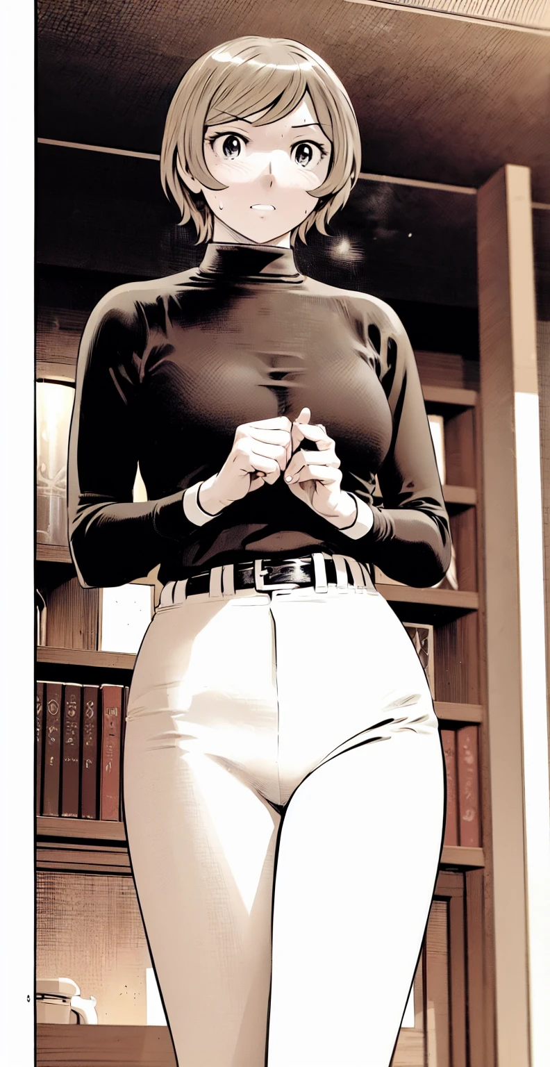 (野球uniform:1.2),
Blonde Hair, (short hair:1.2),Long sleeve, Black Shirt, turtleneck,White trousers、uniform、Black belt、((Illustration of people))、Big 、
View Audience,, (Highest quality:1.3),One Girl, White pants、uniform、indoor、baseball 、White wall、blue eyes、Tight black shirt、(masterpiece、Highest quality)、Highest quality, Ultra-high resolution, (((masterpiece))), alone, Sweat、Big eyes、Big Breasts、One Girl, Front view、Embarrassed face、Bronze colored hair、((short hair))、Stand up straight、Cowboy Shot