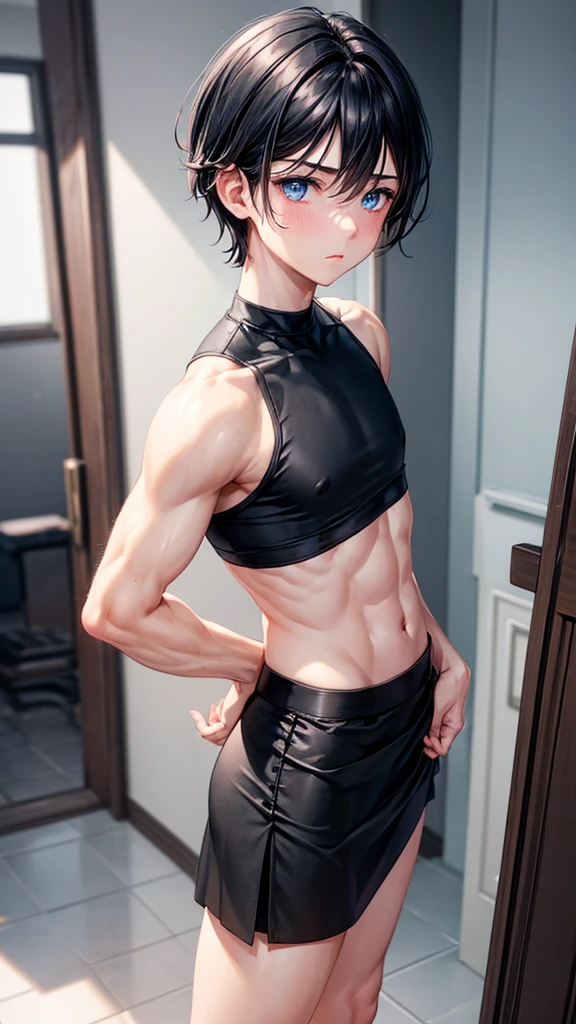  boy, blush cheeks, effeminate, blue colored eyes, short black hair. His skin is clear, he has a thin, muscleless body, thick-thighs. Wearing a black skirt and a short black crop top. In a room.