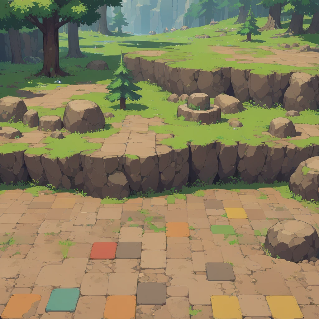 retro video game style,pixelated pastel colors,8-bit characters,blocky shapes,sharp lines,detailed shading,classic gaming vibe,nostalgic atmosphere,classic arcade games,masterpiece:1.2,ultra-detailed,illustration style, 2d texture, stone texture, 4 k seamless mud texture, video game texture, dirt texture, tileset, game tiles, grass, 3/4th perspective trees, tileable rock texture, tileable cliff texture, 3/4th perspective forest, topdown view, game texture, game art, dirt, , tileable texture, top down view, 3/4th perspective