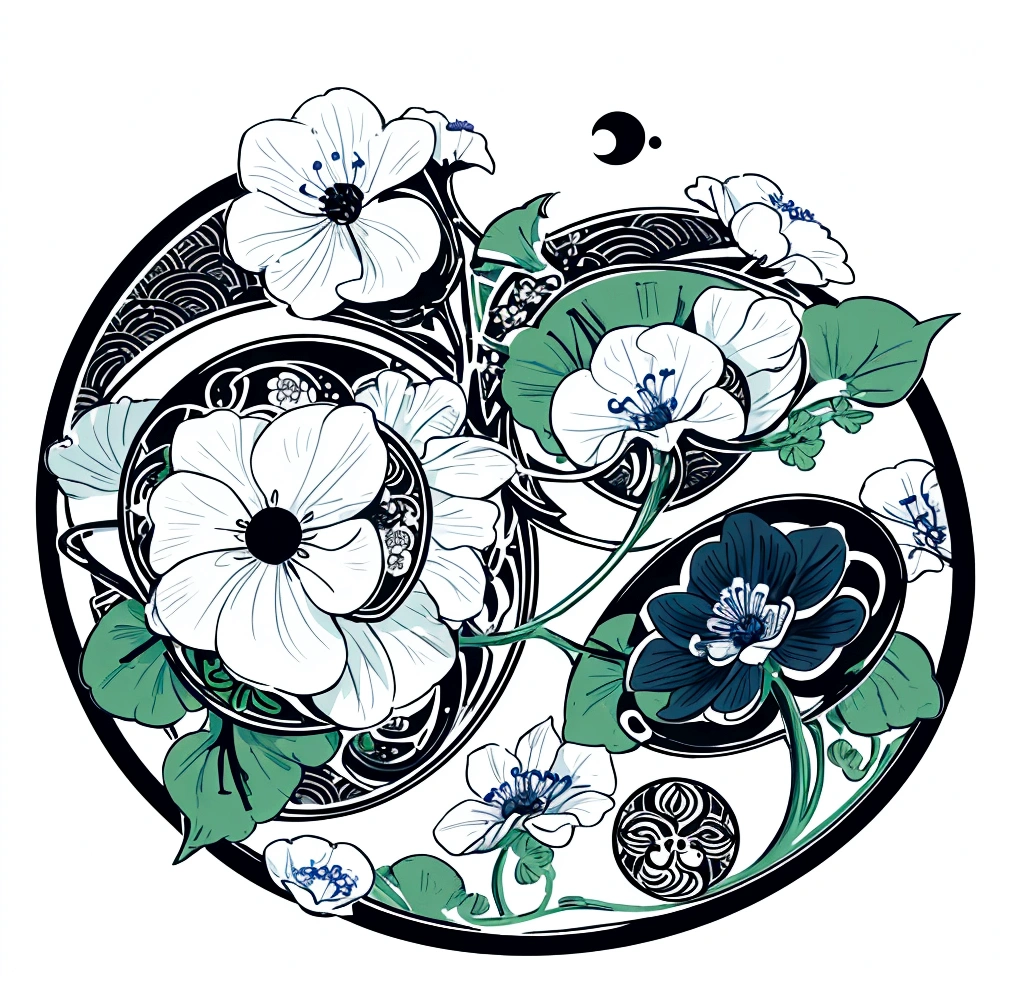 round frame,round circle, circular, erstelle mir in grösse der fläche auf weissem hintergrund ein japanisches circulares siegel kamon,an indigo-green circle with a leaf pattern in the middle showing 3 gingko leaves growing towards each other with Japanese finger waves reaching into the gaps,inspired by alphonse mucha, flat illustration, sticker