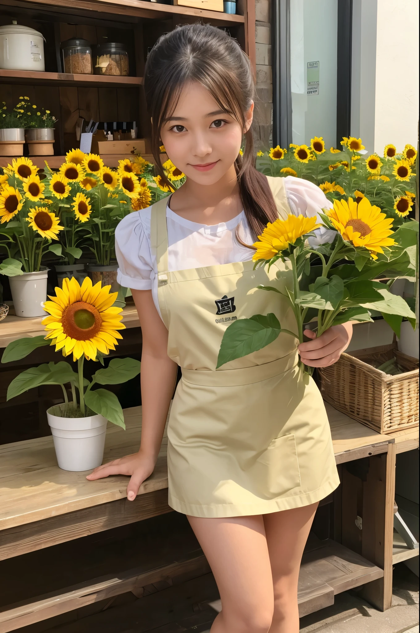 A 20-year-old girl working at a flower shop(Wearing a miniskirt and apron)is holding a sunflower。