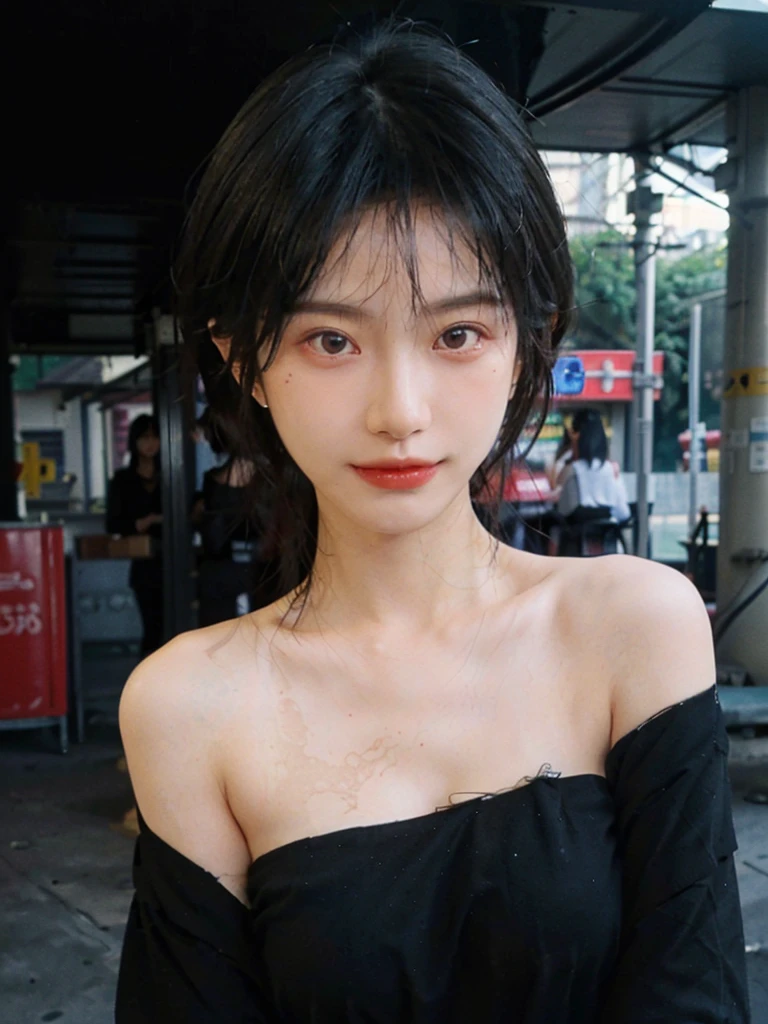 (Skin details:1.4), (smooth skin textures:1.3), (Upper body:1.4),(Upper Body:1.3),(Black clothes:1.4),(Off-shoulder:1.4),Lipstick, background, earrings, serene, calm, (Realistic and detailed eyes:1.2), Natural skin texture, Realistic facial details, Soft dramatic lighting, Vivid details, 35 mm film, outdoor, (Photo Practical:1.4), (hyper Practical:1.4), (Practical:1.3), (Smoother lighting:1.05), (Improve lighting quality:0.9), (Highest quality real skin textures:1.4), Exquisite eyes, Delicate face, Close-up of face, (Enhance the beauty of skin texture:1.1),0Normal body proportions, short hair, Moles under the eyes, A faint smile,Portrait Photography, Depth of Field, Bokeh, Surrealism, Ray Tracing, (Portrait Photography:1.1), Surrealism, High Detail, Chiaroscuro, Ray Tracing, reflected light, Ultra HD, Ultra HD, masterpiece, Textured Skin, Super Detail, High Detail, high quality, best quality
