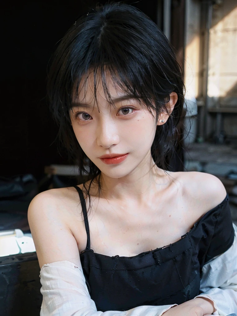 (Skin details:1.4), (smooth skin textures:1.3), (Upper body:1.4),(Upper Body:1.3),(Black clothes:1.4),(Off-shoulder:1.4),Lipstick, background, earrings, serene, calm, (Realistic and detailed eyes:1.2), Natural skin texture, Realistic facial details, Soft dramatic lighting, Vivid details, 35 mm film, outdoor, (Photo Practical:1.4), (hyper Practical:1.4), (Practical:1.3), (Smoother lighting:1.05), (Improve lighting quality:0.9), (Highest quality real skin textures:1.4), Exquisite eyes, Delicate face, Close-up of face, (Enhance the beauty of skin texture:1.1),0Normal body proportions, short hair, Moles under the eyes, A faint smile,Portrait Photography, Depth of Field, Bokeh, Surrealism, Ray Tracing, (Portrait Photography:1.1), Surrealism, High Detail, Chiaroscuro, Ray Tracing, reflected light, Ultra HD, Ultra HD, masterpiece, Textured Skin, Super Detail, High Detail, high quality, best quality