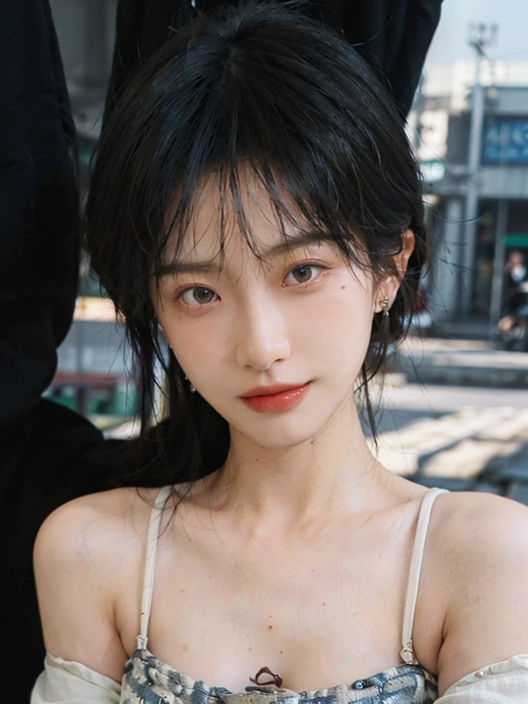 (Skin details:1.4), (smooth skin textures:1.3), (Upper body:1.4),(Upper Body:1.3),(Black clothes:1.4),(Off-shoulder:1.4),Lipstick, background, earrings, serene, calm, (Realistic and detailed eyes:1.2), Natural skin texture, Realistic facial details, Soft dramatic lighting, Vivid details, 35 mm film, outdoor, (Photo Practical:1.4), (hyper Practical:1.4), (Practical:1.3), (Smoother lighting:1.05), (Improve lighting quality:0.9), (Highest quality real skin textures:1.4), Exquisite eyes, Delicate face, Close-up of face, (Enhance the beauty of skin texture:1.1),0Normal body proportions, short hair, Moles under the eyes, A faint smile,Portrait Photography, Depth of Field, Bokeh, Surrealism, Ray Tracing, (Portrait Photography:1.1), Surrealism, High Detail, Chiaroscuro, Ray Tracing, reflected light, Ultra HD, Ultra HD, masterpiece, Textured Skin, Super Detail, High Detail, high quality, best quality