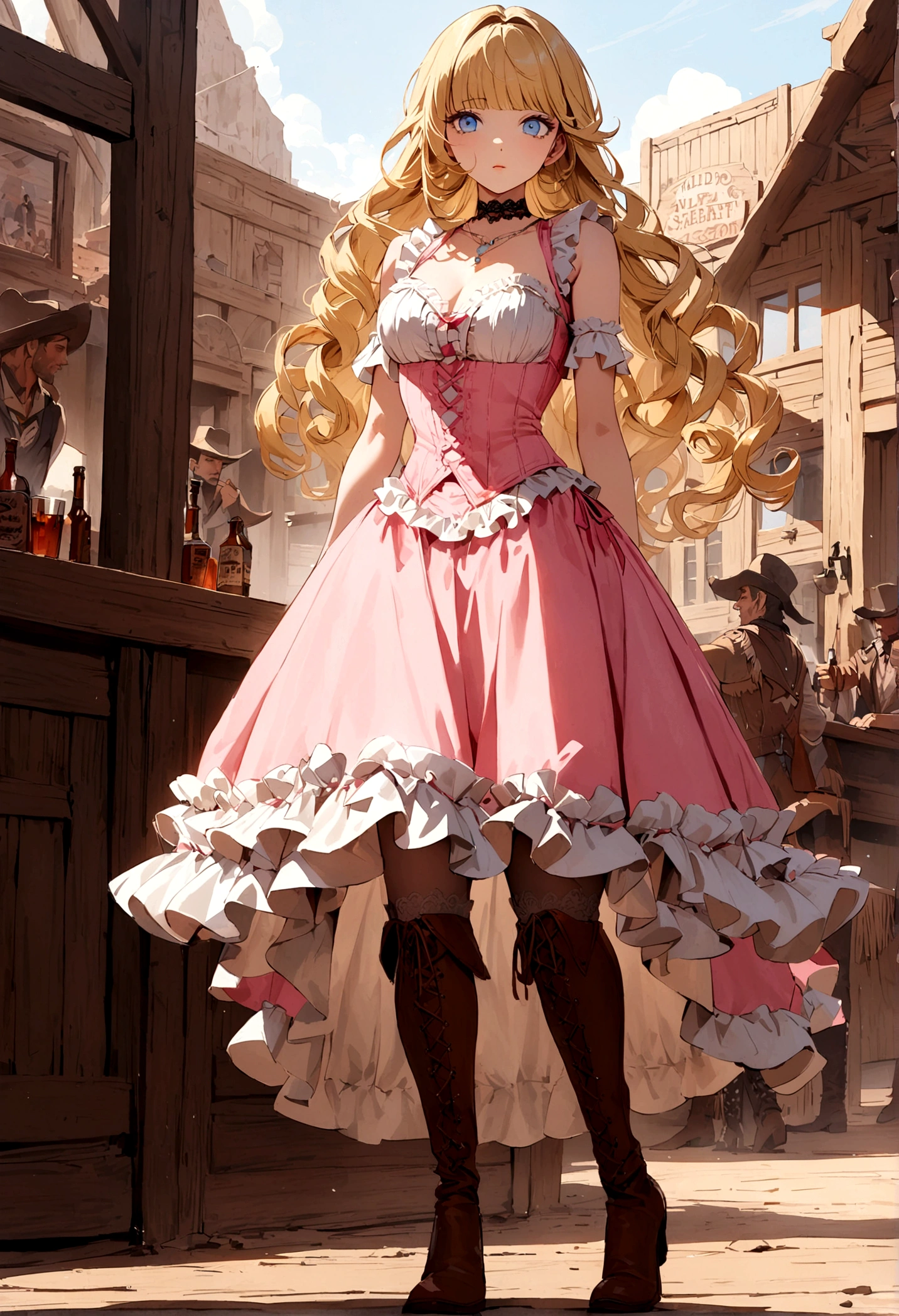 Curls,blonde hair,blue eyes,long eyelashes,long hair,fringe bangs,sidecurls,fullbody,standing,masterpiece,highress,frilly intricate pink saloon girl dress,knee length skirt,white accents,pink corset,lace up heeled knee high boots,stockings,saloon,short at the front center of the skirt,frilly sleeveles saloon girl dress with sweatheart frilled neckline,kneelength dress,frilled hemline,cowboy boots+,wild west,western,lace choker with big pink rose at the side,white frilled hem hemline,fullbody+,panier,standing straight,solo,