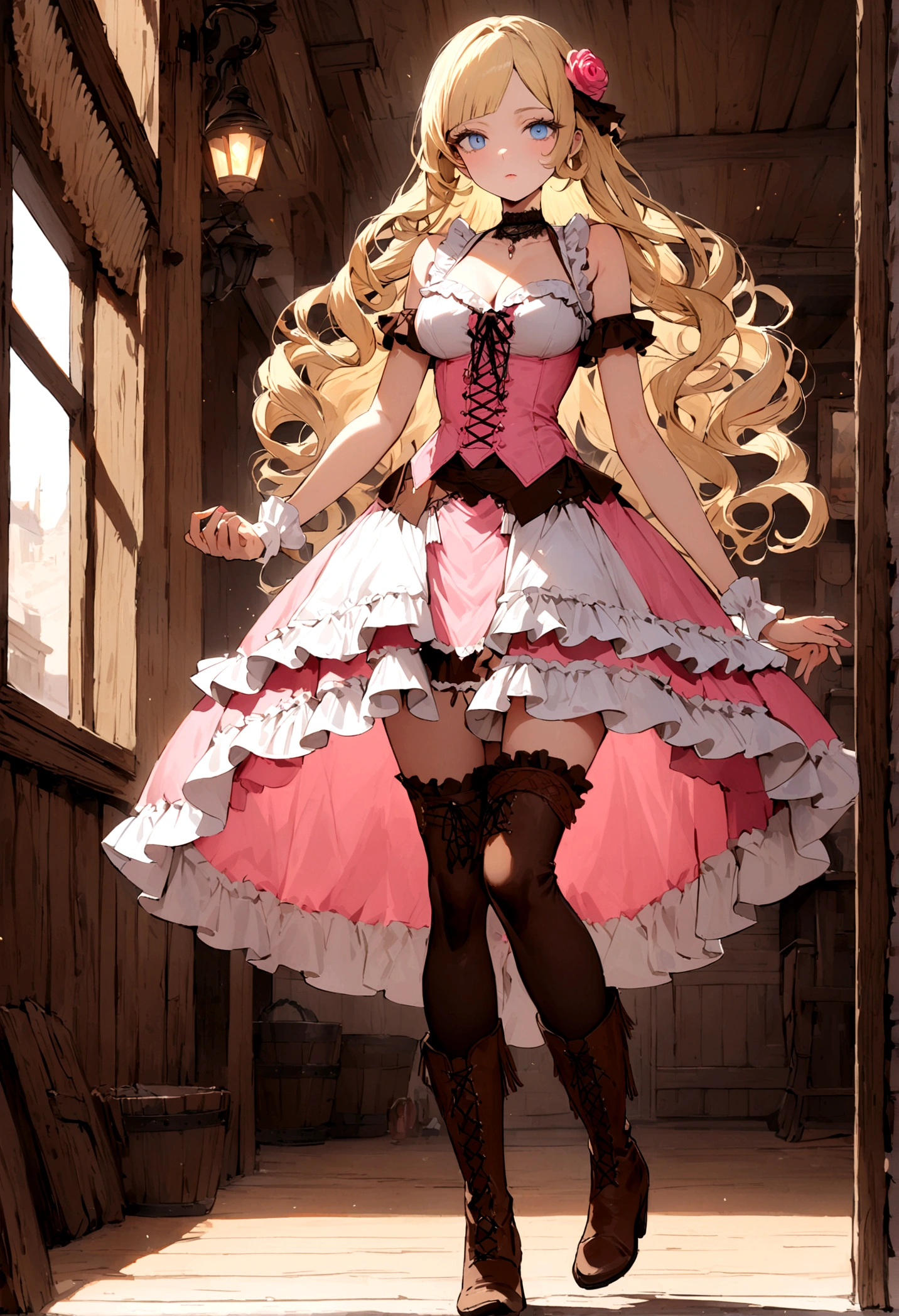 Curls,blonde hair,blue eyes,long eyelashes,long hair,fringe bangs,sidecurls,fullbody,standing,masterpiece,highress,frilly intricate pink saloon girl dress,knee length skirt,white accents,pink corset,lace up heeled knee high boots,stockings,saloon,short at the front center of the skirt,frilly sleeveles saloon girl dress with sweatheart frilled neckline,kneelength dress,frilled hemline,cowboy boots+,wild west,western,lace choker with big pink rose at the side,white frilled hem hemline,fullbody+,panier,standing straight,solo,