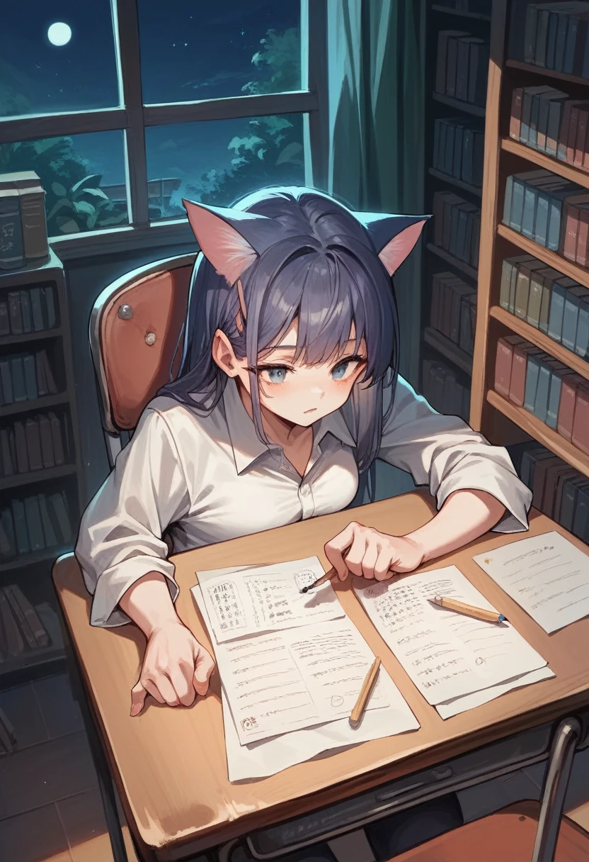 super high quolity,4k,japanese,a girl,study,writing note,in library,cat on desk,sheet on chair,night
,like MIT,