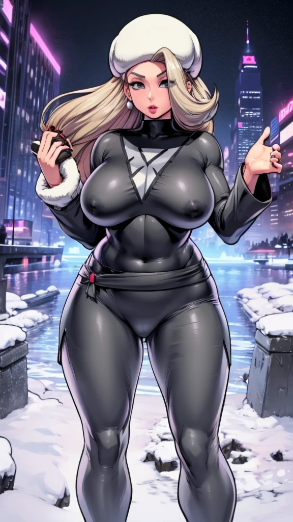 A sexy Asian Russian girl, beautiful, cute, big breast, long wavy dark blonde hair, her round gray eye, thin eyelash, black pink lip, soft cheeks, she dresses in a dark gray top, long sleeves, shows navel and short gray pants, pair of polar blue socks, black boot, snow, falls in love
