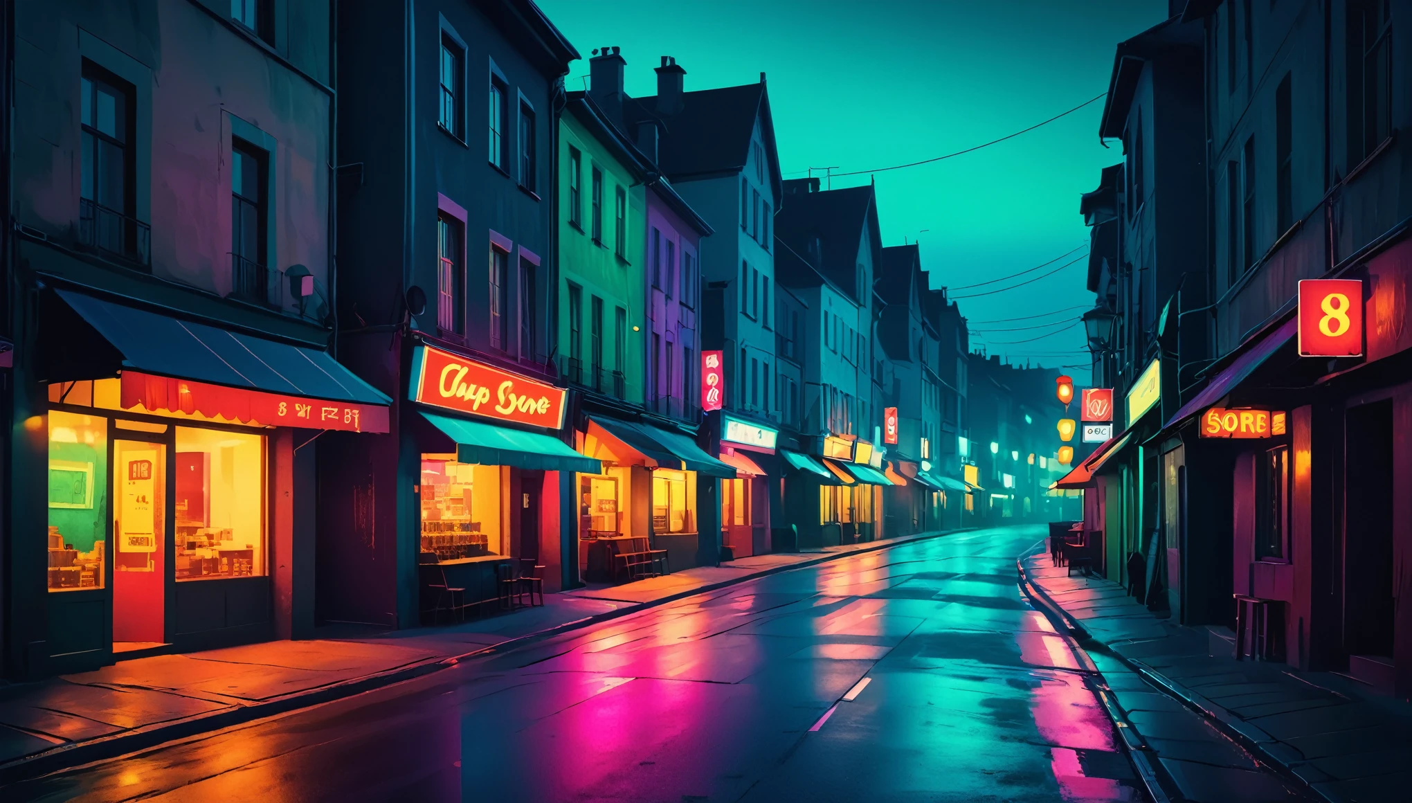 score_9, score_8_up, score_7_up, a picturesque long shot of a street, blurry background, neon colors, vintage artstyle, hard lighting, dark composition, contrasting color pallette
