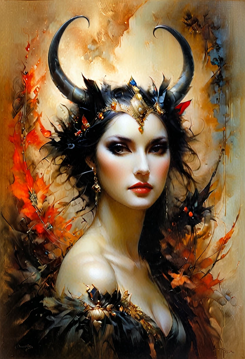 A portrait of an attractive woman wearing a mask, with black horns and a tail, oil painting, white background, pale color palette, romanticism aesthetic, chiaroscuro light, in the style of Hsiao Ron Cheng