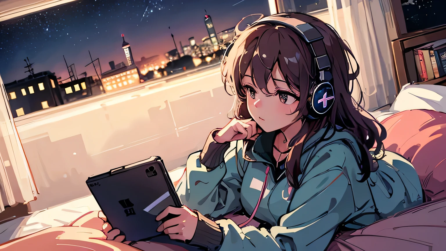 8k, haigh quality, high resolution, realistic, a girl hearing music with headphone in bed window side at night, many star in the sky, sometimes shooting star, she has mobile phone in hand