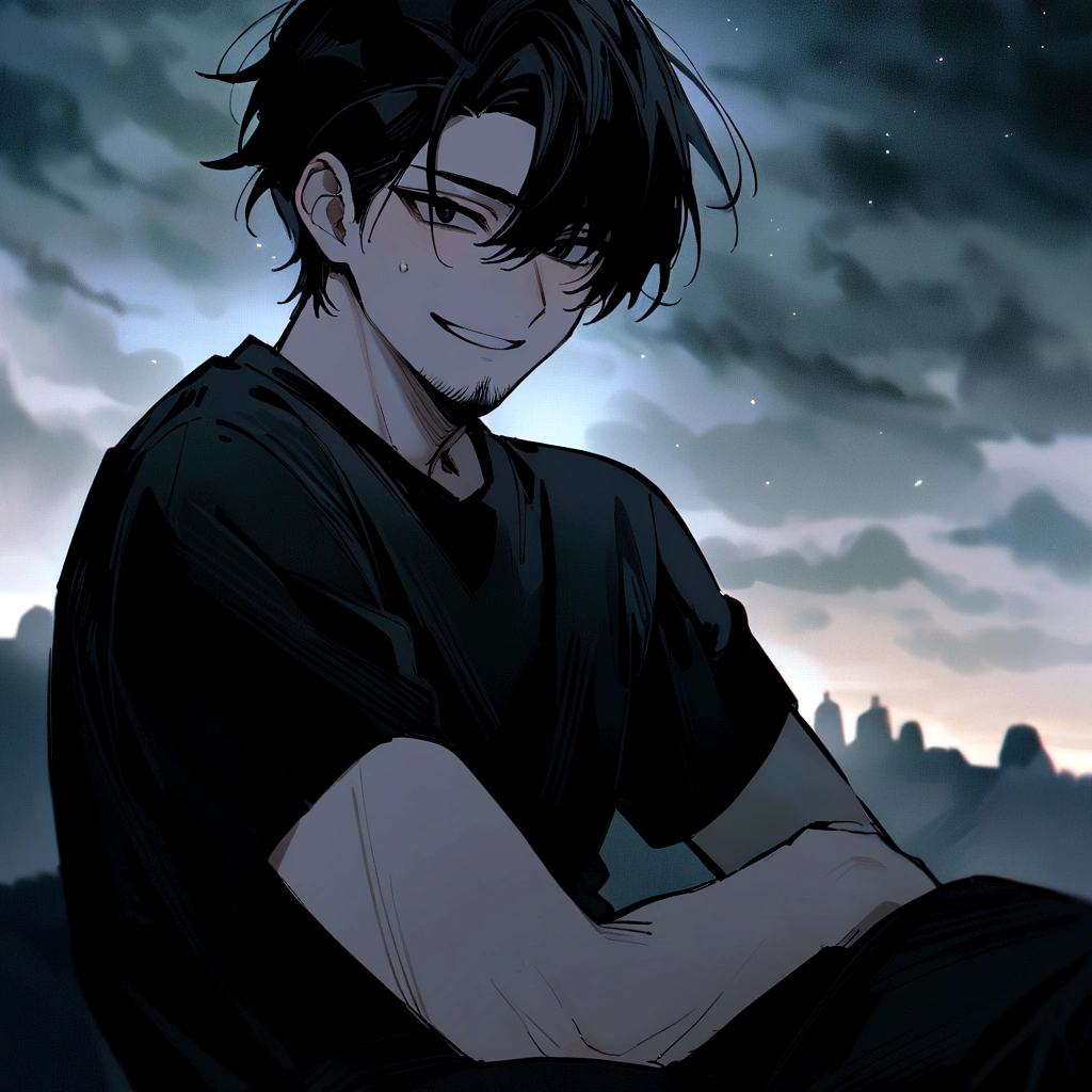 make me a male, 28yo, black hair, black eyes. a lot of facial hair, black shirt, black shorts, he's smiling, dark sky with thunder behind him