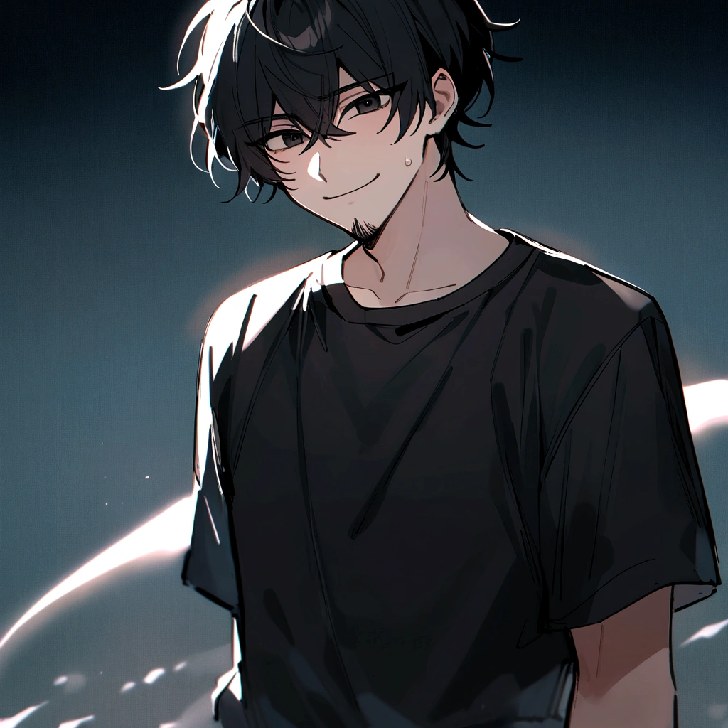make me a male, 28yo, black hair, black eyes. a lot of facial hair, black shirt, black shorts, he's smiling, dark sky with thunder behind him