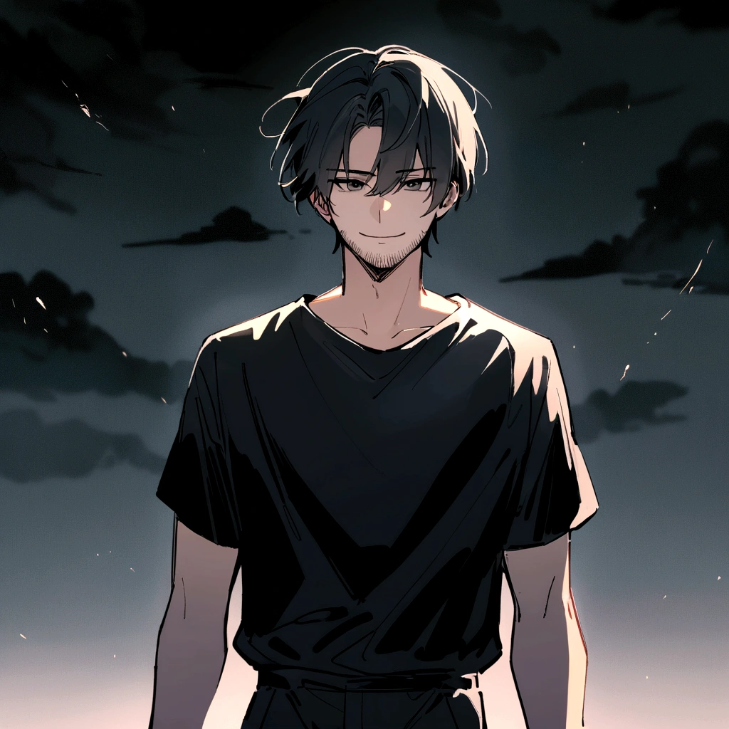 make me a male, 28yo, black hair, black eyes. a lot of facial hair, black shirt, black shorts, he's smiling, dark sky with thunder behind him