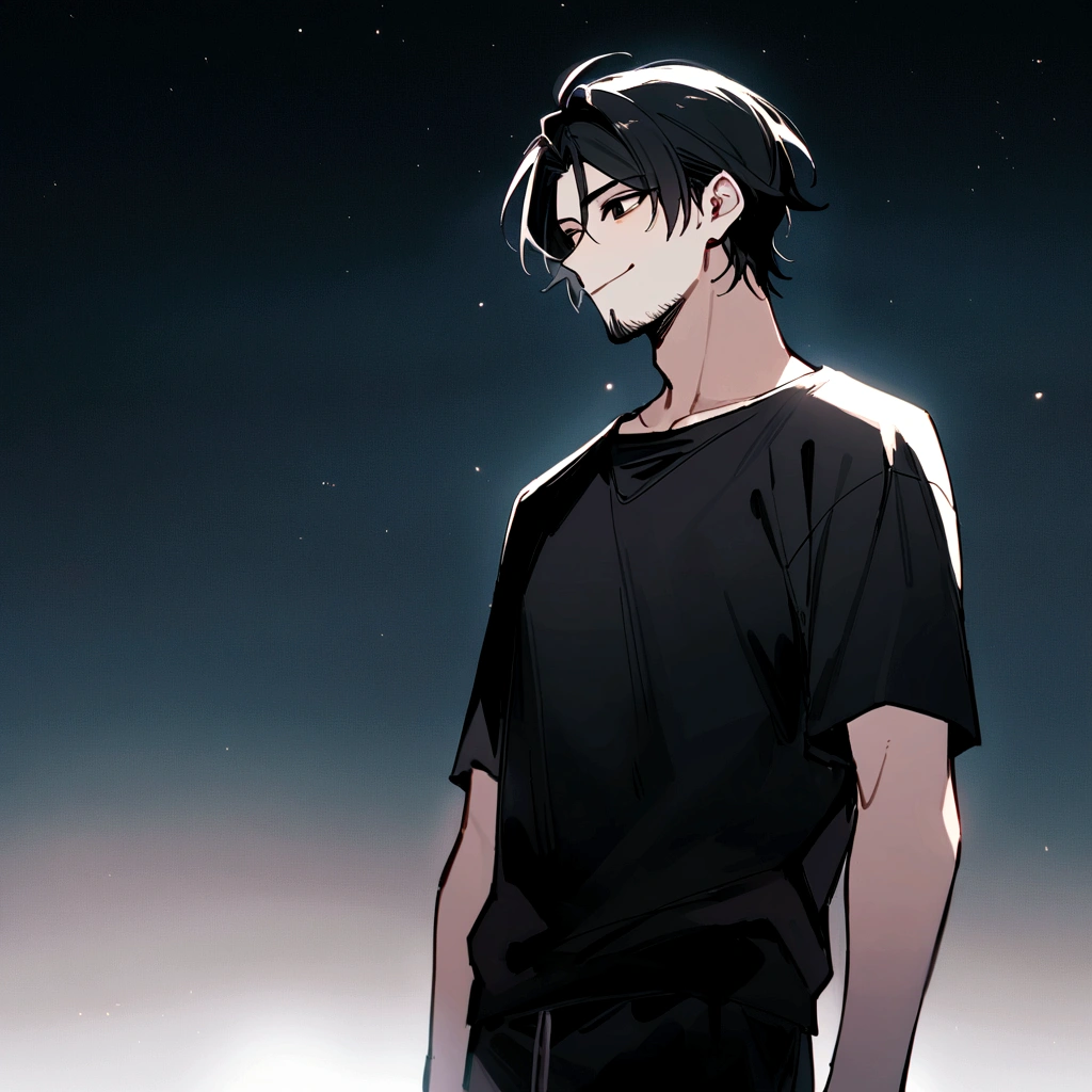 make me a male, 28yo, black hair, black eyes. a lot of facial hair, black shirt, black shorts, he's smiling, dark sky with thunder behind him
