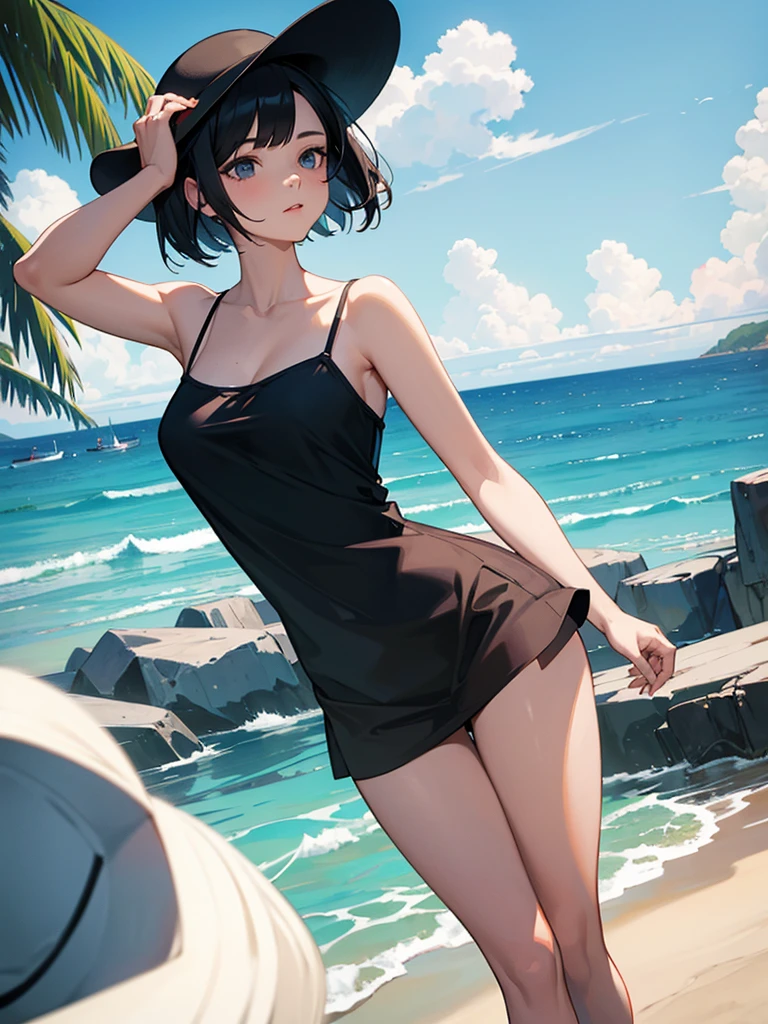 masterpiece, high-quality, a young woman, wearing black camisole, short bob Hair, holding hat behind head with both hands, sunny summer day with the blue sea