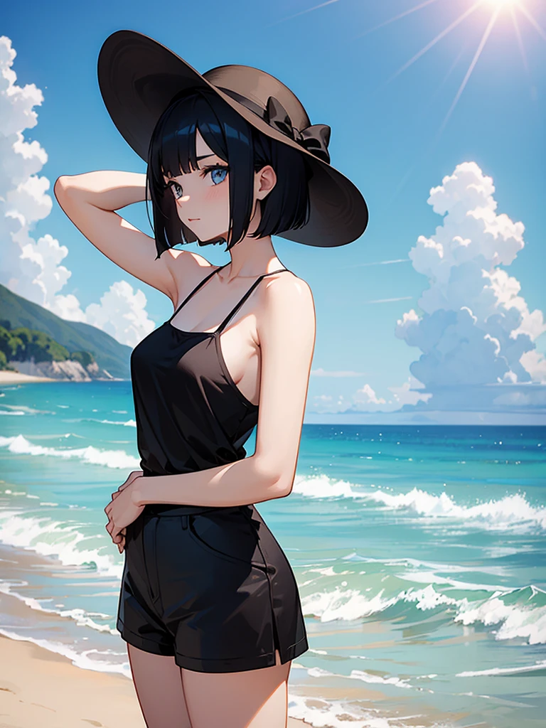 masterpiece, high-quality, a young woman, wearing black camisole, short bob Hair, holding hat behind head with both hands, sunny summer day with the blue sea