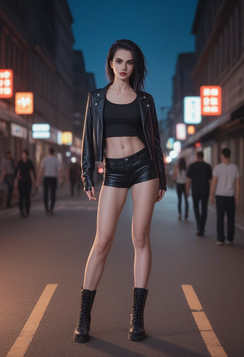 Generate A stunning Tangra AI image of a Thai woman in leather black punk suite long black hair, long leg black boot standing in front of a night street background, hyper-realistic photography. 8K SUHD  --s 900 --v 6.0 --style raw 