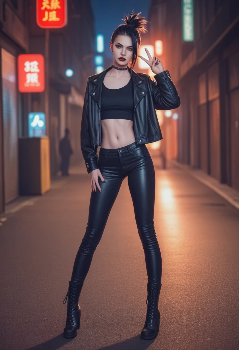 Generate A stunning Tangra AI image of a Thai woman in leather black punk suite long black hair, long leg black boot standing in front of a night street background, hyper-realistic photography. 8K SUHD  --s 900 --v 6.0 --style raw 