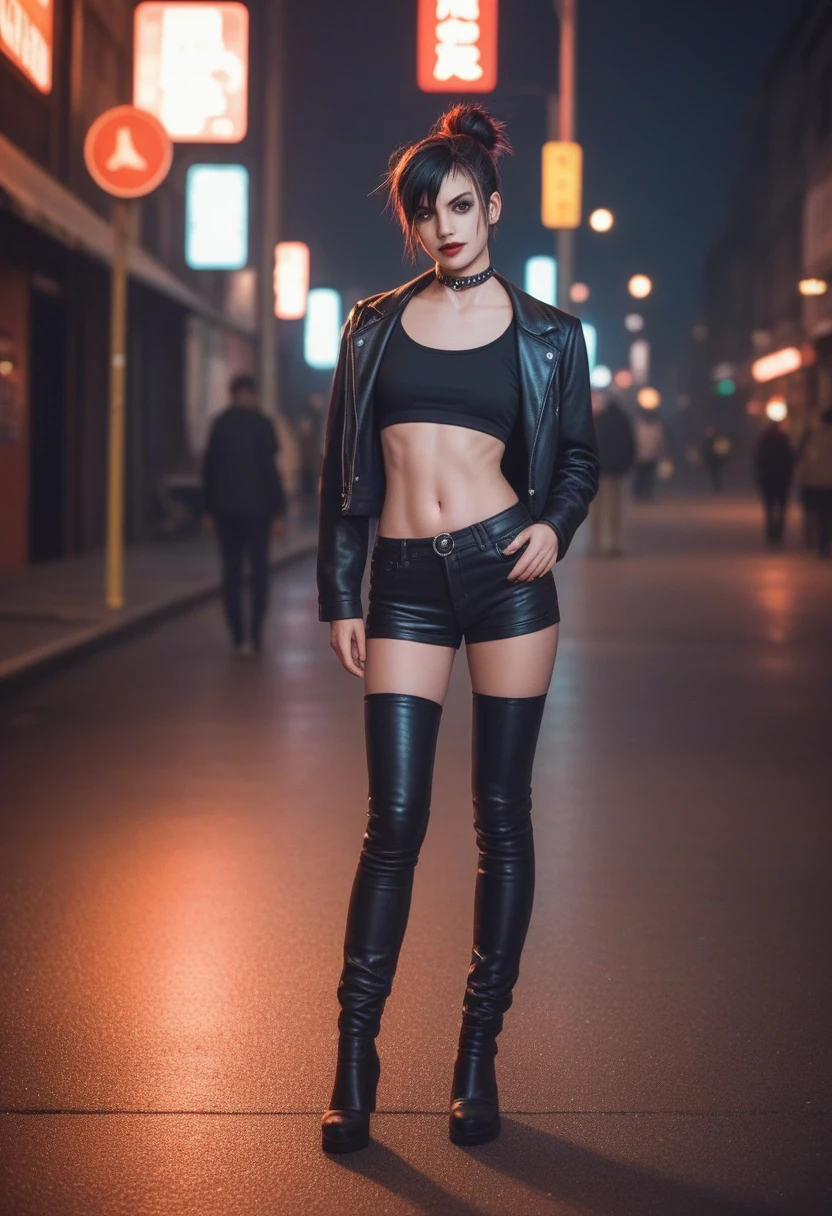 Generate A stunning Tangra AI image of a Thai woman in leather black punk suite long black hair, long leg black boot standing in front of a night street background, hyper-realistic photography. 8K SUHD  --s 900 --v 6.0 --style raw 