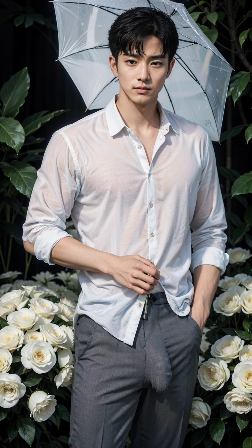 Handsome Korean young man makes him even more handsome、The captivating images show some very manly and handsome men from South Korea, 32 years old、 He is standing with an umbrella on a slope where gardenia flowers are blooming in the heavy rain., He is holding the handle of an umbrella in his right hand and gazing into the distance.、His erect penis is sticking out of his trousers and is exposed.、Attention to detail, This realistic portrait embodies the National Geographic style., Capture every nuance of skin texture with 8K resolution. His features stand out with pure clarity, From deep-set eyes to a chiseled jawline, Make this image a true masterpiece. life, Highest quality, 8K Ultra HD+, Leica digital SLR camera