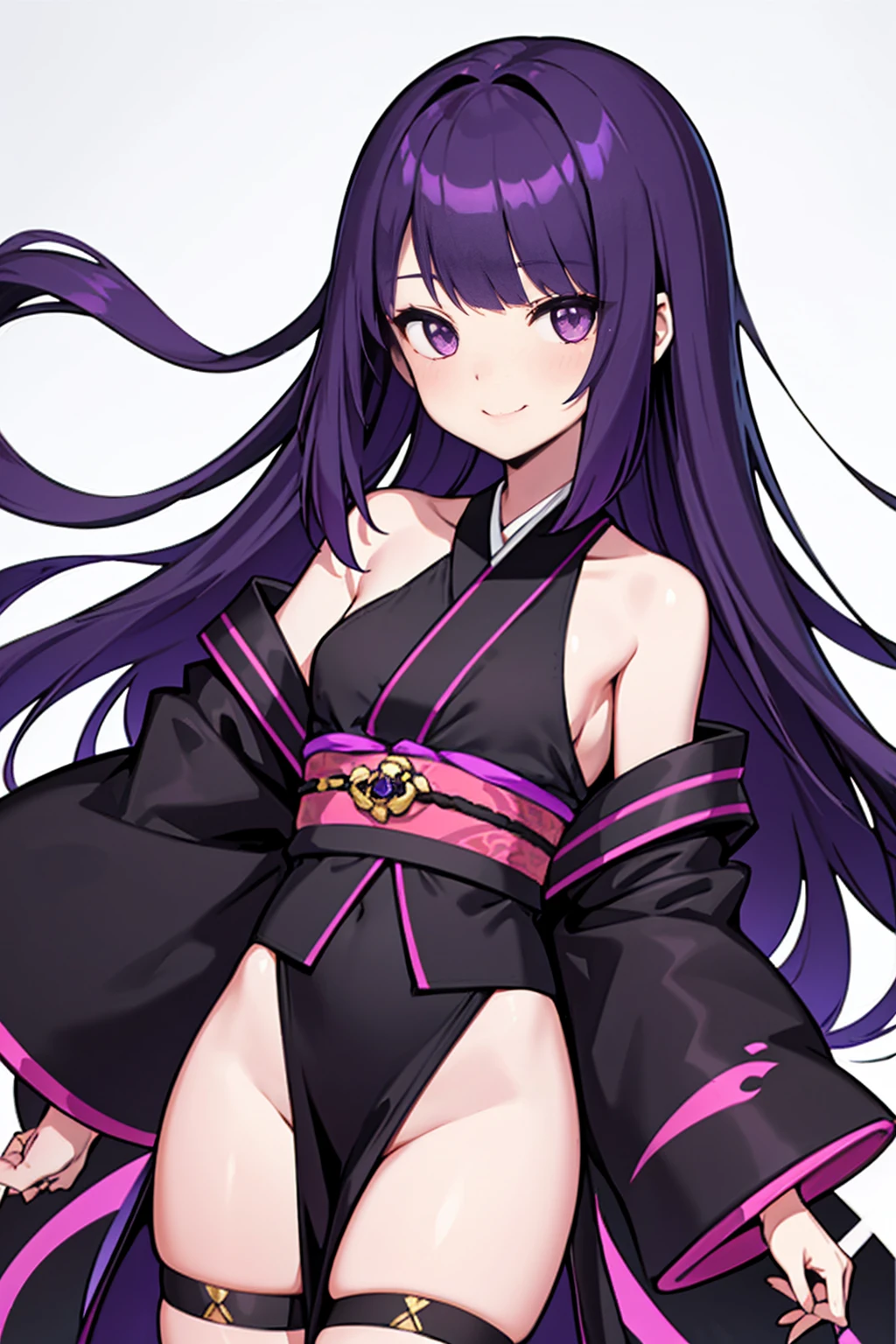 whole body,Standing posture, (Purple Hair,Long straight hair,Trimmed bangs,) (Small breasts,,Symphogia style,), (Cute face:1.2) (kimono,Black clothes,slit,) Cold Smile,(White background) 