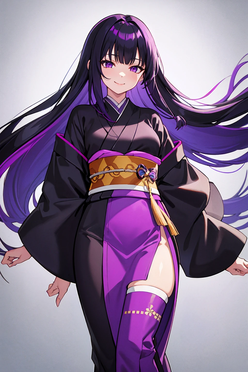 whole body,Standing posture, (Purple Hair,Long straight hair,Trimmed bangs,) (Small breasts,,Symphogia style,), (Cute face:1.2) (kimono,Black clothes,slit,) Cold Smile,(White background)