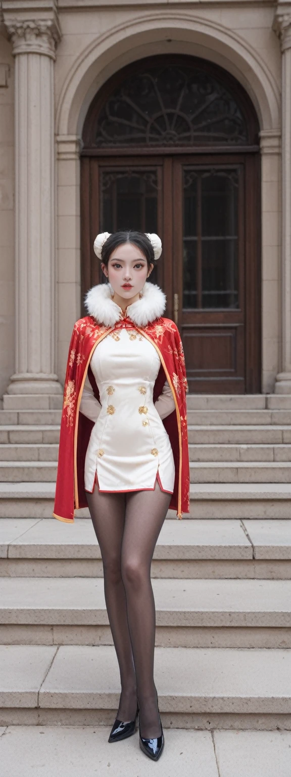 score_9, score_8_up, score_7_up, BREAK,
an extremely refined and beautiful girl stands solo in a day scene outside a Roman-style mansion. Her small head and bun hair complement her small, perfectly detailed face. Her makeup is exquisite, with big breasts and a flat chest, emphasizing her slim, thin figure. She's wearing a fur collar and a gorgeous, exquisitely embroidered cloak that reveals her clavicle. Underneath, she has on a Maxi cheongsam, with slender legs and pantyhose, and high heels.  creating a winter wonderland ambiance. Her arms are behind her back,  
