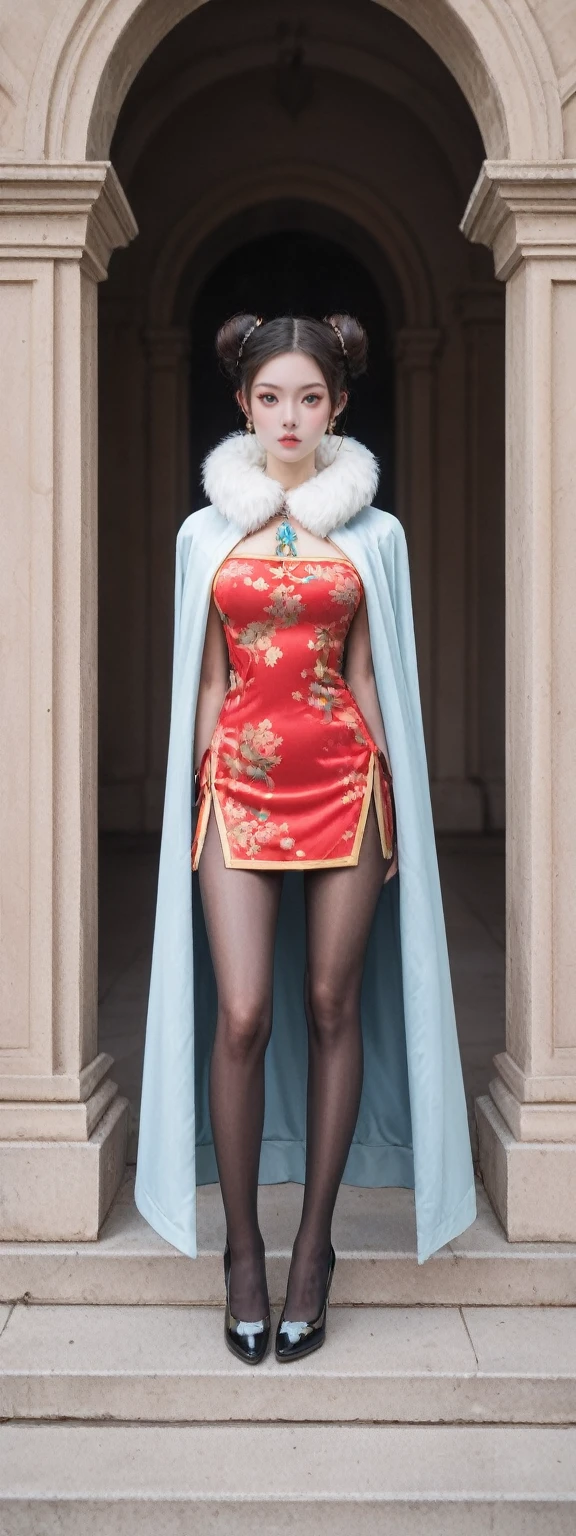 score_9, score_8_up, score_7_up, BREAK,
an extremely refined and beautiful girl stands solo in a day scene outside a Roman-style mansion. Her small head and bun hair complement her small, perfectly detailed face. Her makeup is exquisite, with big breasts and a flat chest, emphasizing her slim, thin figure. She's wearing a fur collar and a gorgeous, exquisitely embroidered cloak that reveals her clavicle. Underneath, she has on a Maxi cheongsam, with slender legs and pantyhose, and high heels.  creating a winter wonderland ambiance. Her arms are behind her back,  
